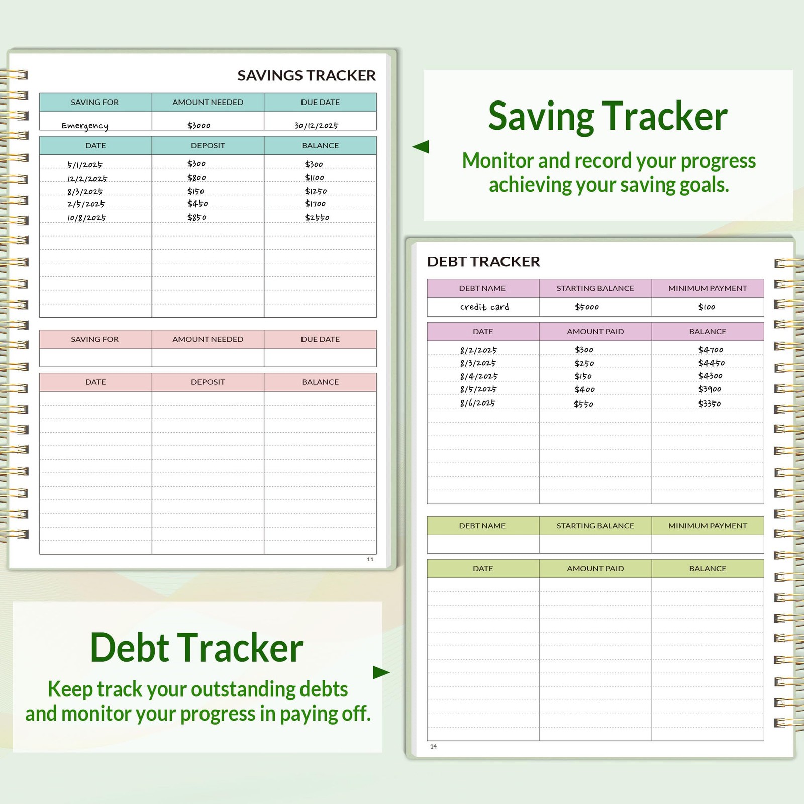 SUNEE Budget Planner – Monthly Book with 6.4″ x 8.3″, Sage Green