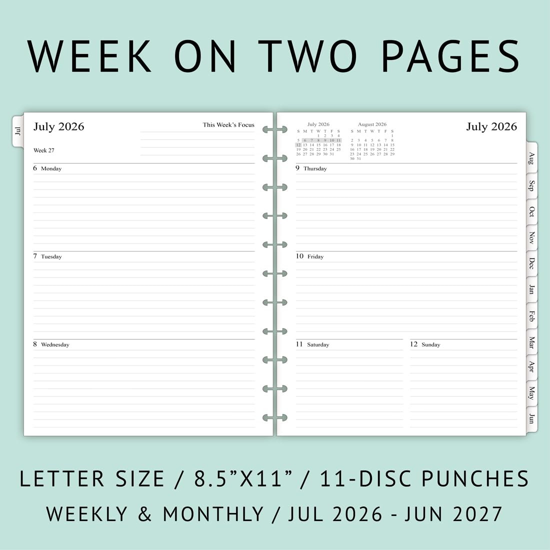 2026-2027 Weekly Planner Refills for Letter Size – 8.5″x11″, White