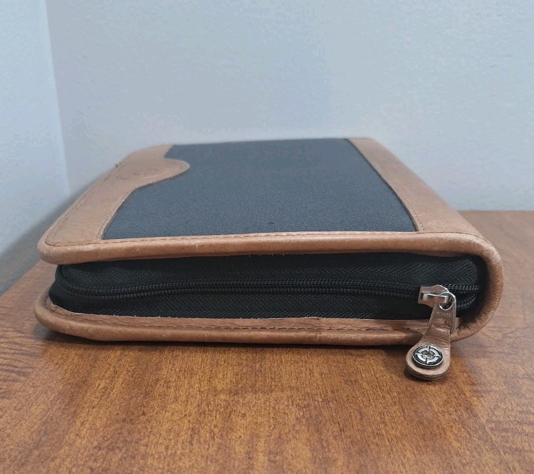 Vtg Franklin Covey Planner Dark Green Canvas Tan Leather Trim 8×10 Zip Closure