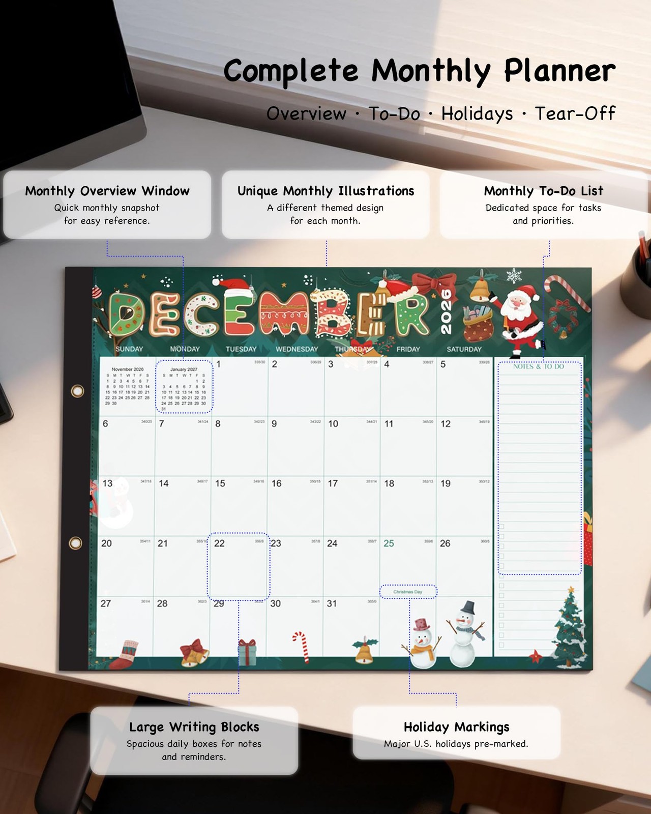2026-2027 Large Desk Calendar with Waterproof Plastic Cover 2026 18-month