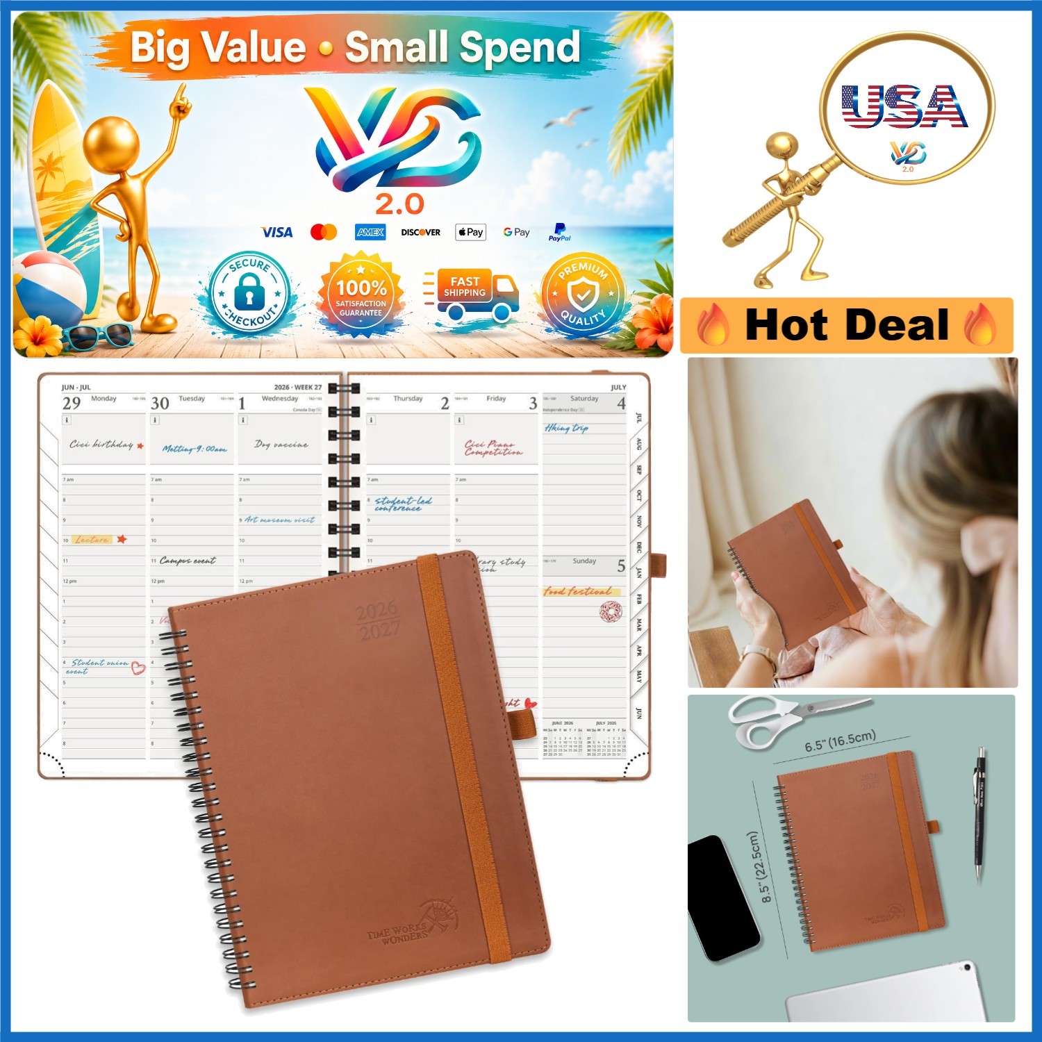 2026-2027 Academic Planner Medium 6.5×8.5 Spiral Leather Cover Brown