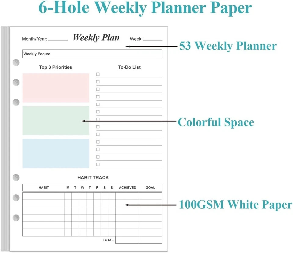 Weekly Planner Refills for A5 Binders – 53 Sheets/106 Pages Undated Colorful Wee