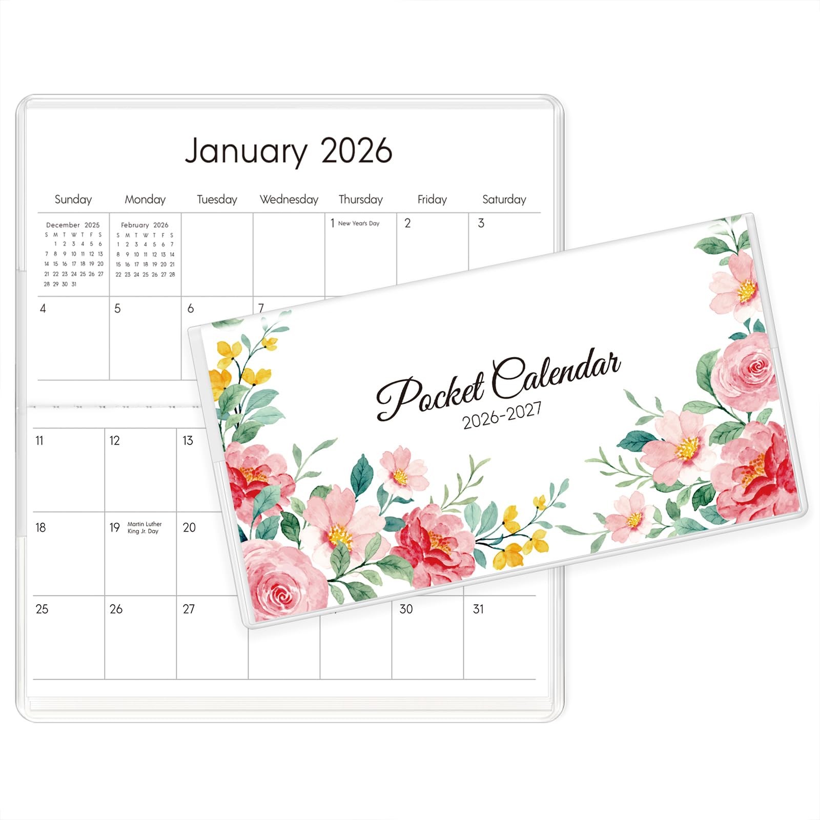 Pocket Calendar 2026-2027 24 Months Soft Waterproof Cover 6.5″ x 3.5″ Floral