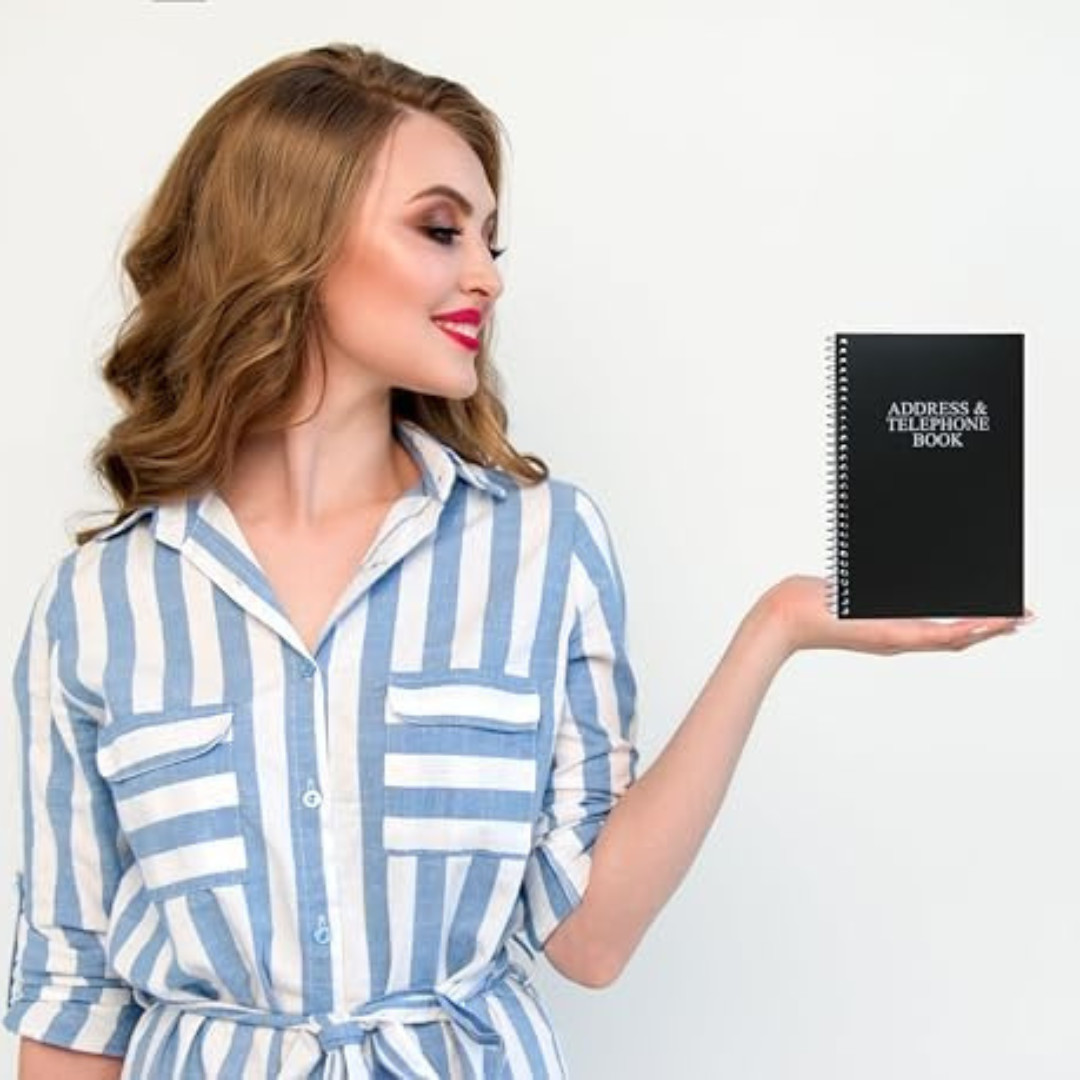Address and Telephone Book, Black, 8 x 5 inches for Organizing Names, Addresses,
