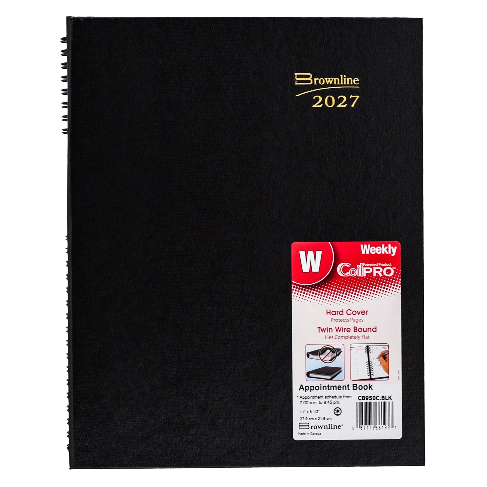 2025 Brownline CB950C.BLK CoilPRO Hard Cover Weekly Appointment Book, 8-1/2 x 11