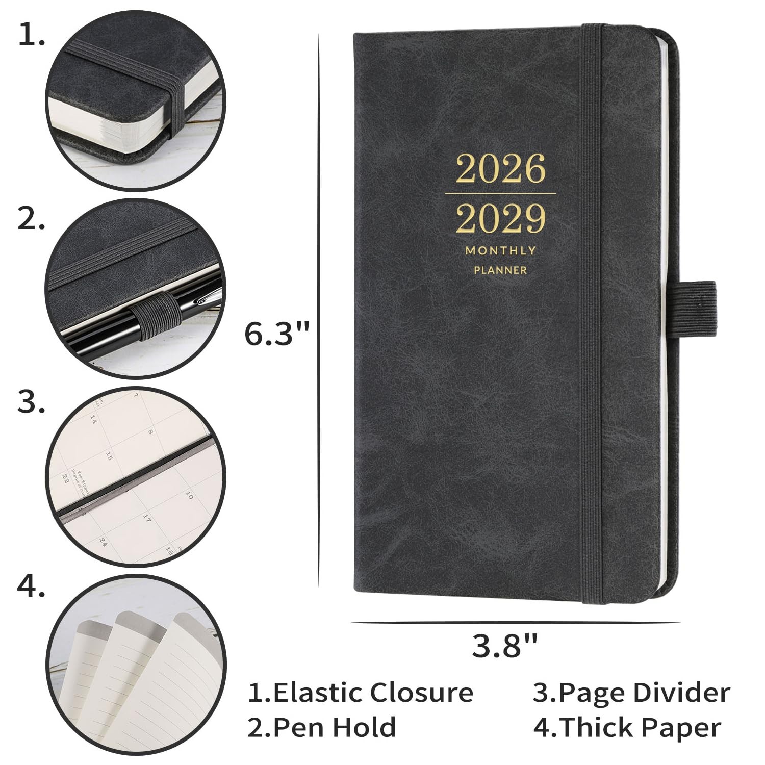 2026-2029 Monthly Planner/Calendar – 3 Year Planner with 3.8″ x 6.3″, Grey