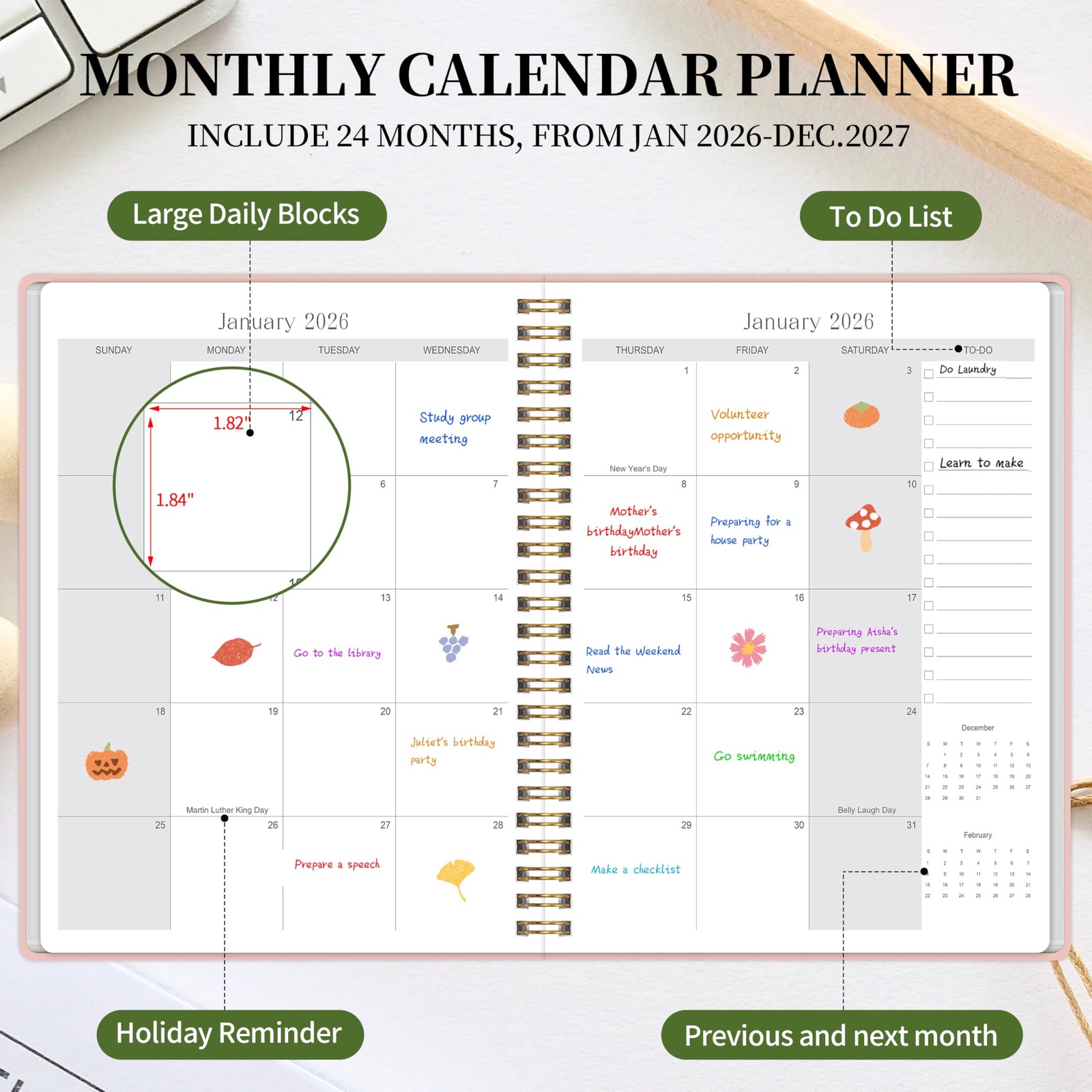 2026-2027 Monthly Planner – Jan.2026 – Dec. 2027, 2 Year Calendar Pink