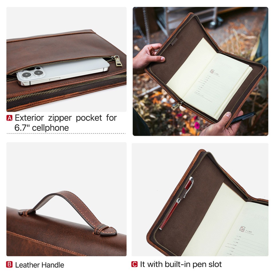 A5 Leather Journal Cover Zippered Portfolio Business Notebook Sleeve Pen Holder
