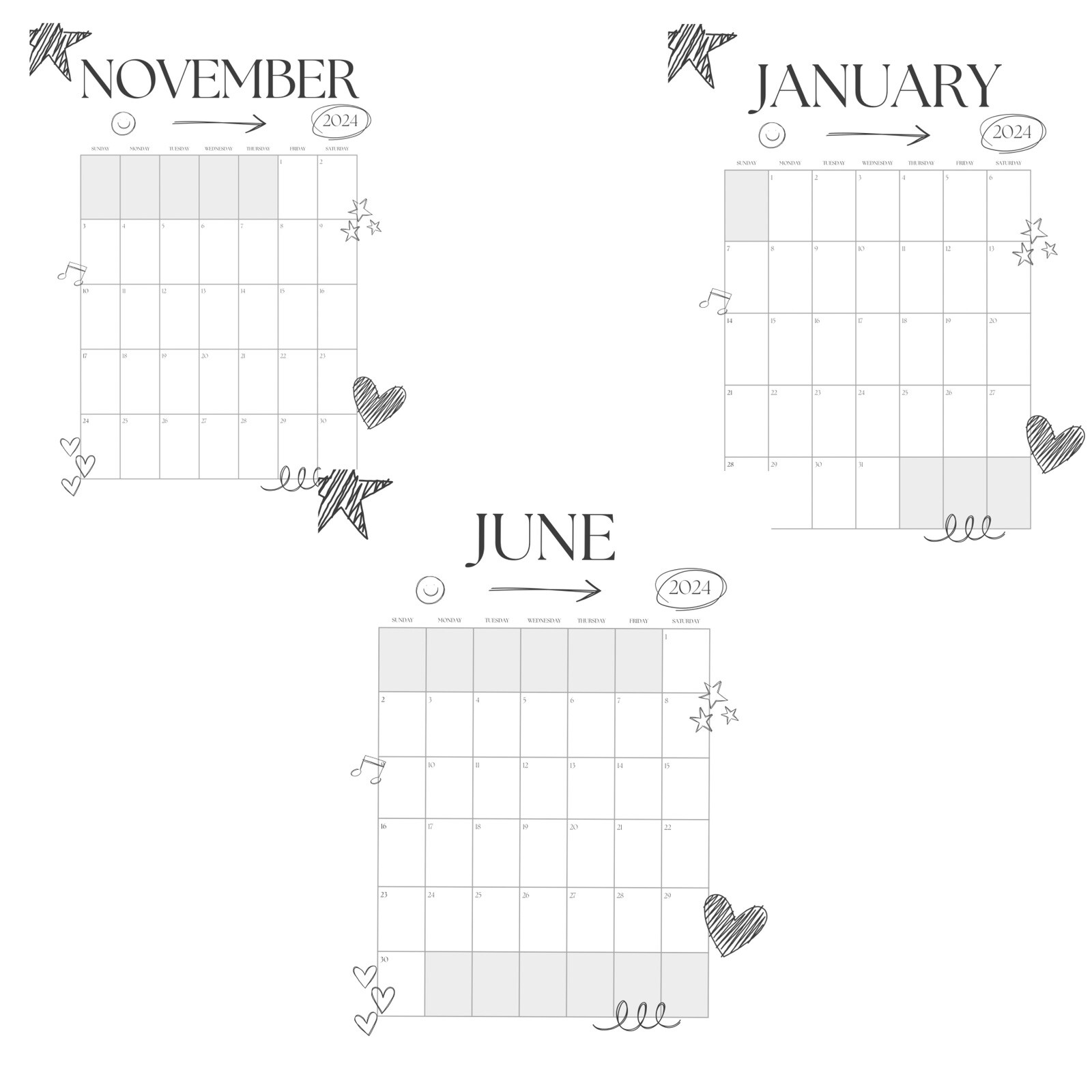 2024 DIGITAL MONTHLY PLANNER HANDMADE BLACK & WHITE GIRL BOY CUTE