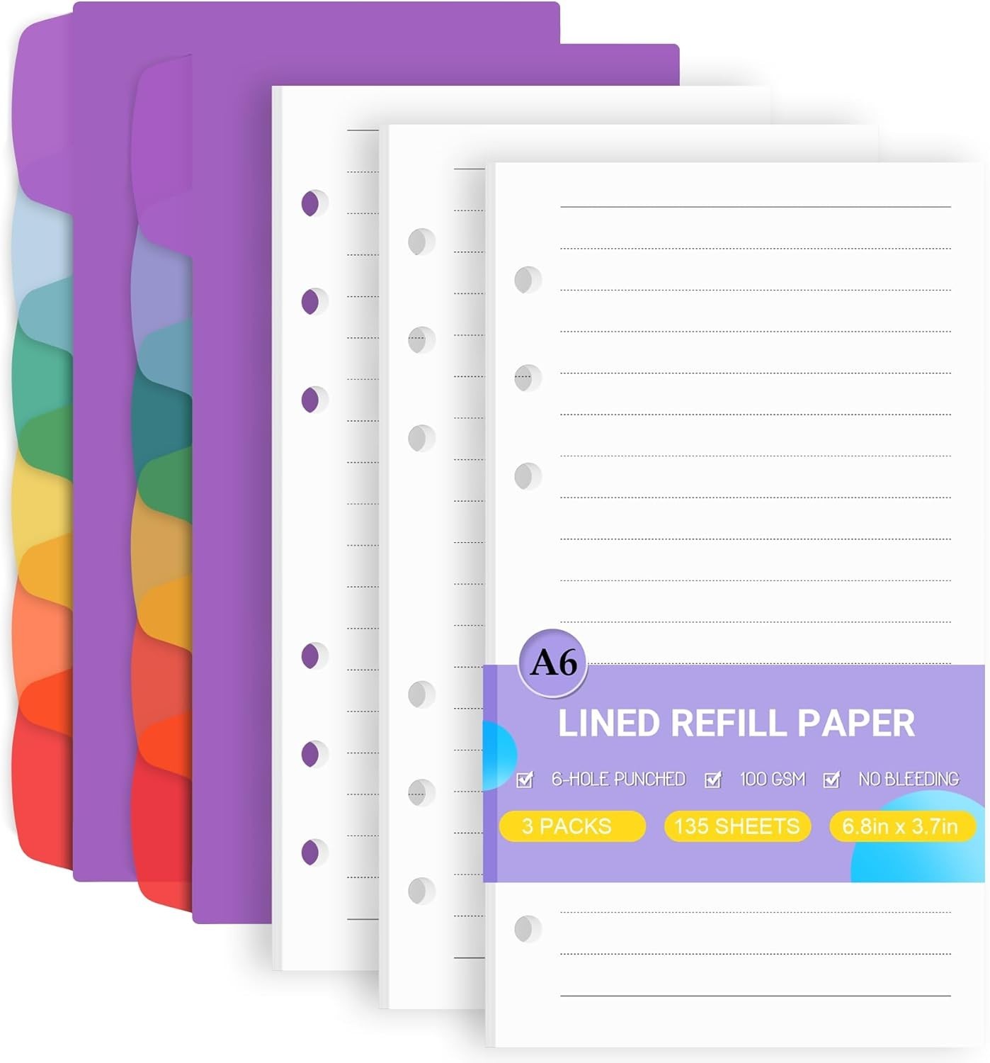 A6 Refill Paper 135 Sheets with 12 Dividers for 6-Ring Binders Notebook Journal