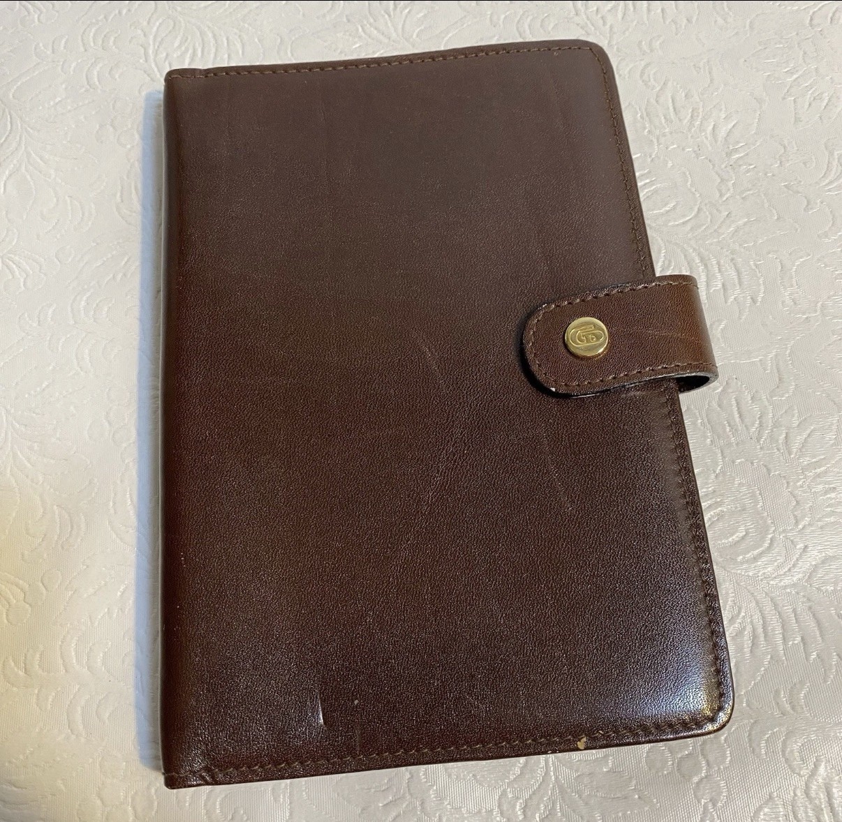 Gumps Smooth Brown Leather Portfolio Planner Case Signature Stud Closure Italy