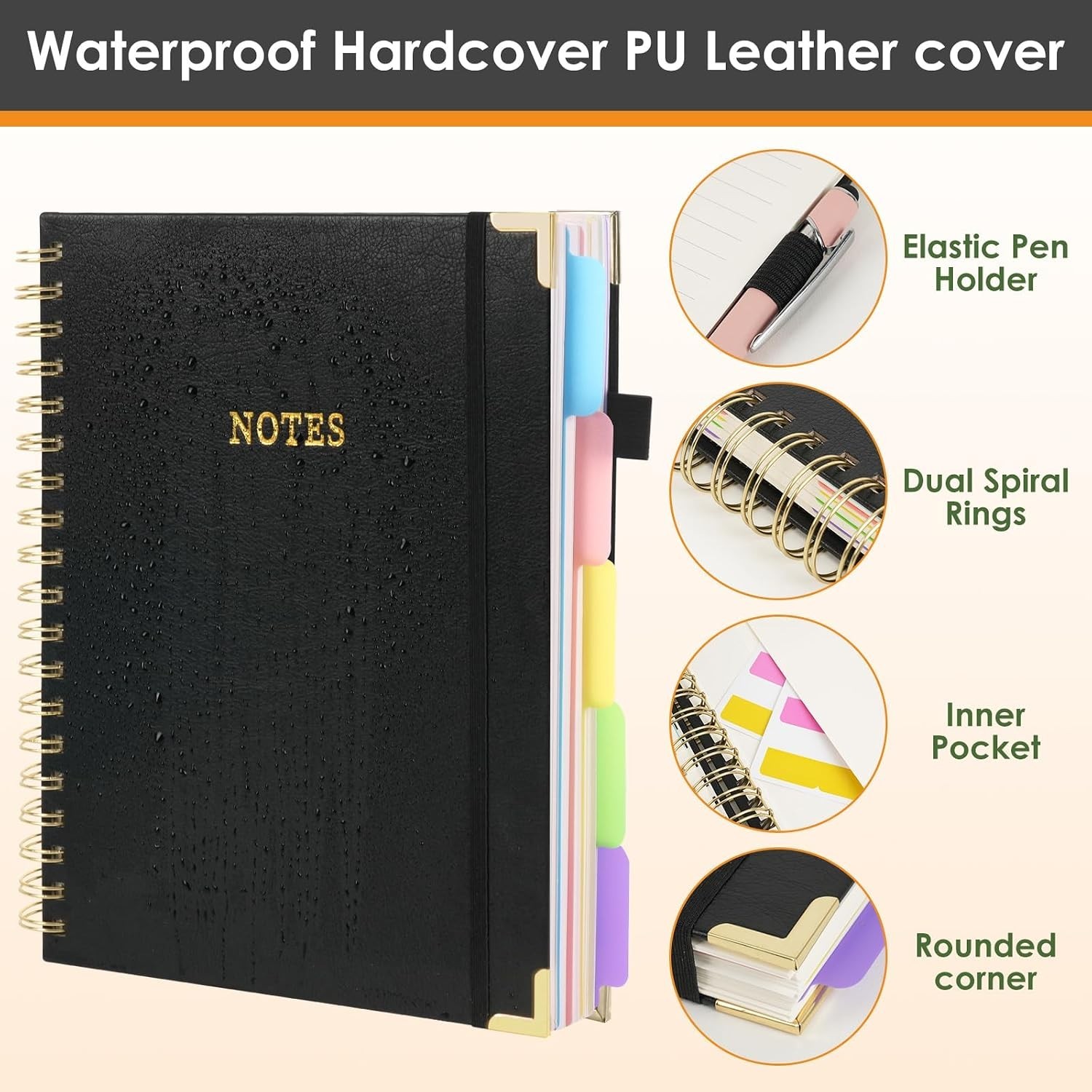 Leather Spiral 5 Subject Notebook With Removable Dividers 300 Pages B5 2-black