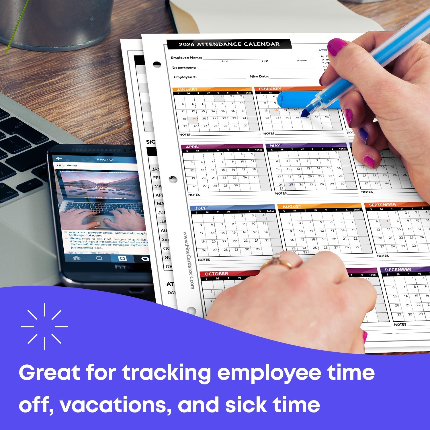 2026 Attendance Calendar Cardstock, Employee Work Tracker, 8.5 x 11, 25 Qty