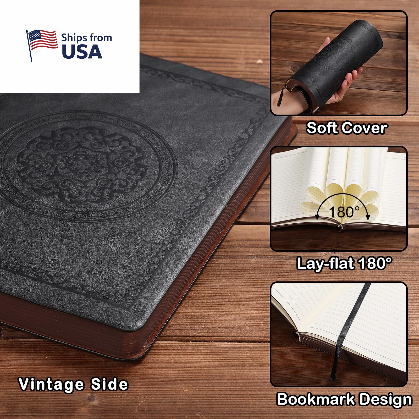 Fetinar Leather Vintage Journal Notebook,300 Pages,Leather Softcover Black