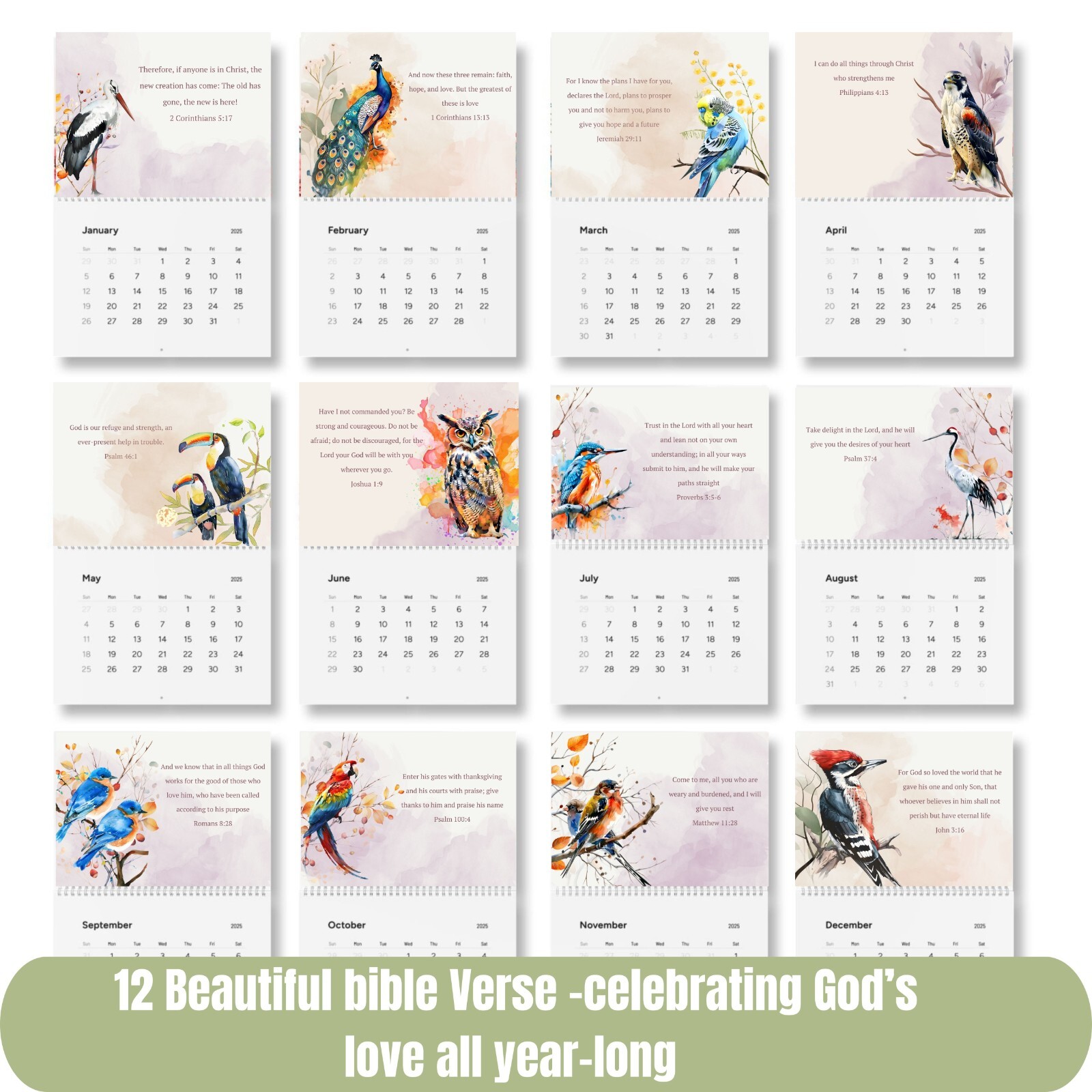 2026 Christian Wall Calendar 12 Month Bible Verse God Love Scripture 11″ X 8.2″