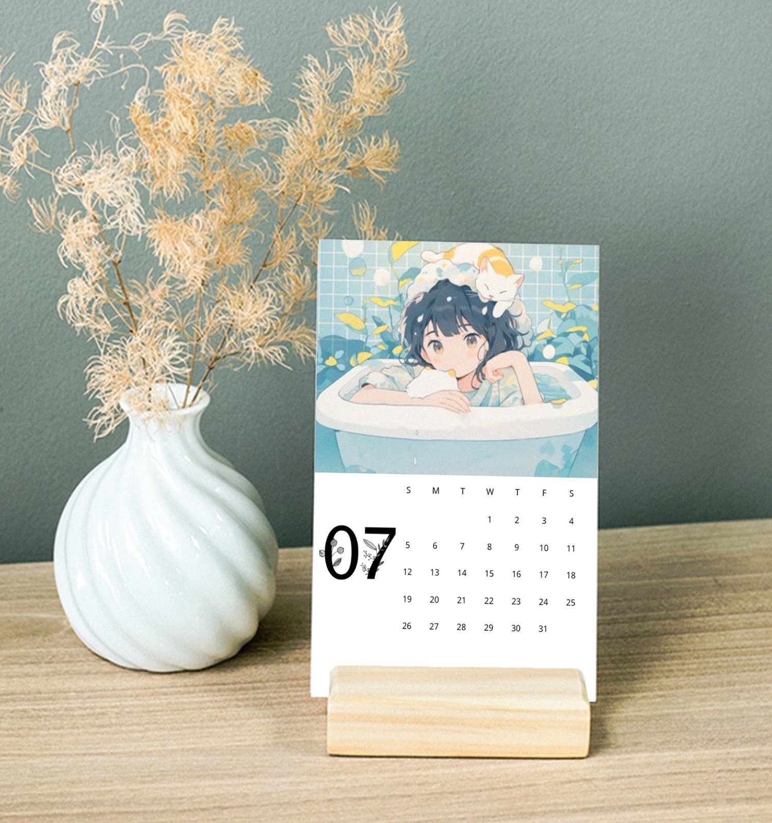 Kawaii Anime Girl Living Alone 2026 Desk Calendar, Wood Stand Vertical Calendar