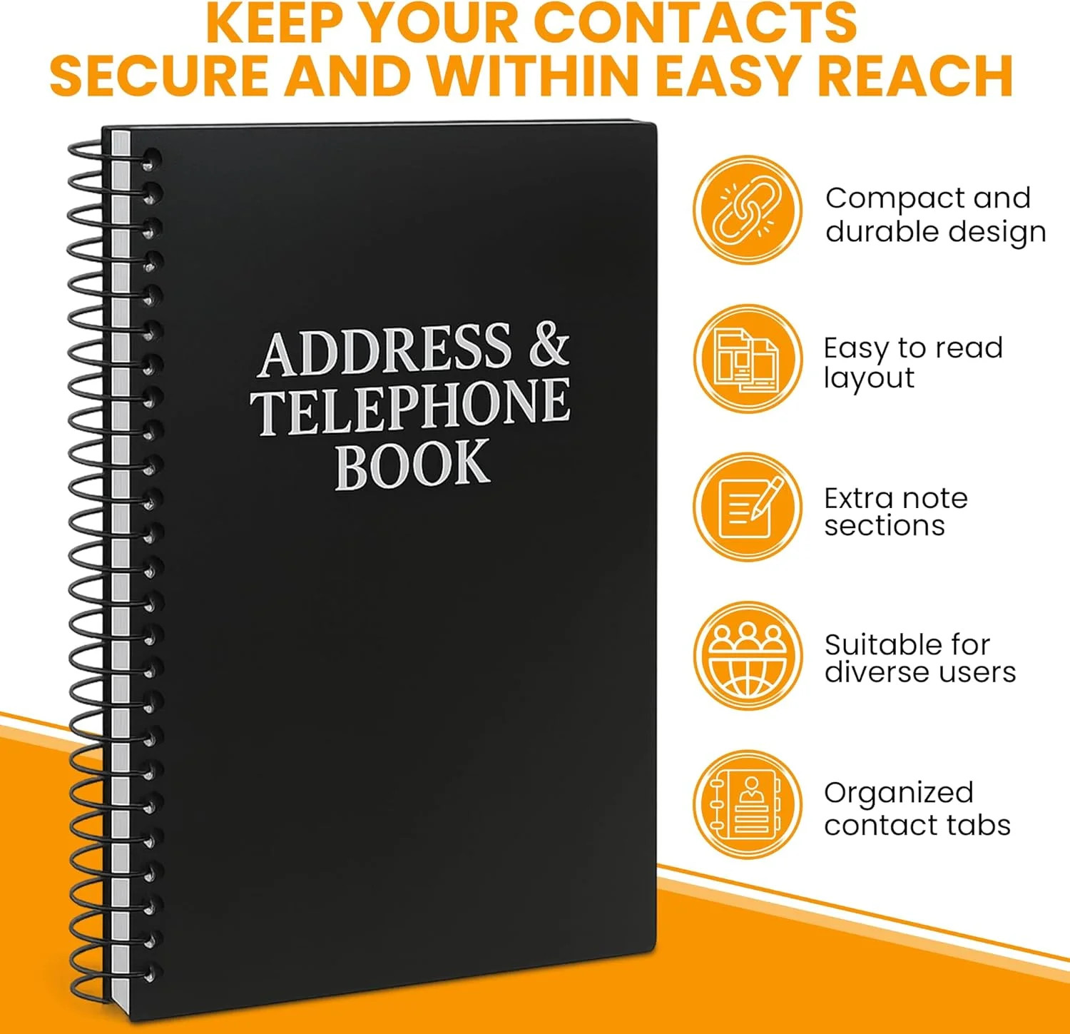 Iconikal Address Telephone Book, 8×5-Inch, Black, Spiral-Bound, 384 Contacts,…