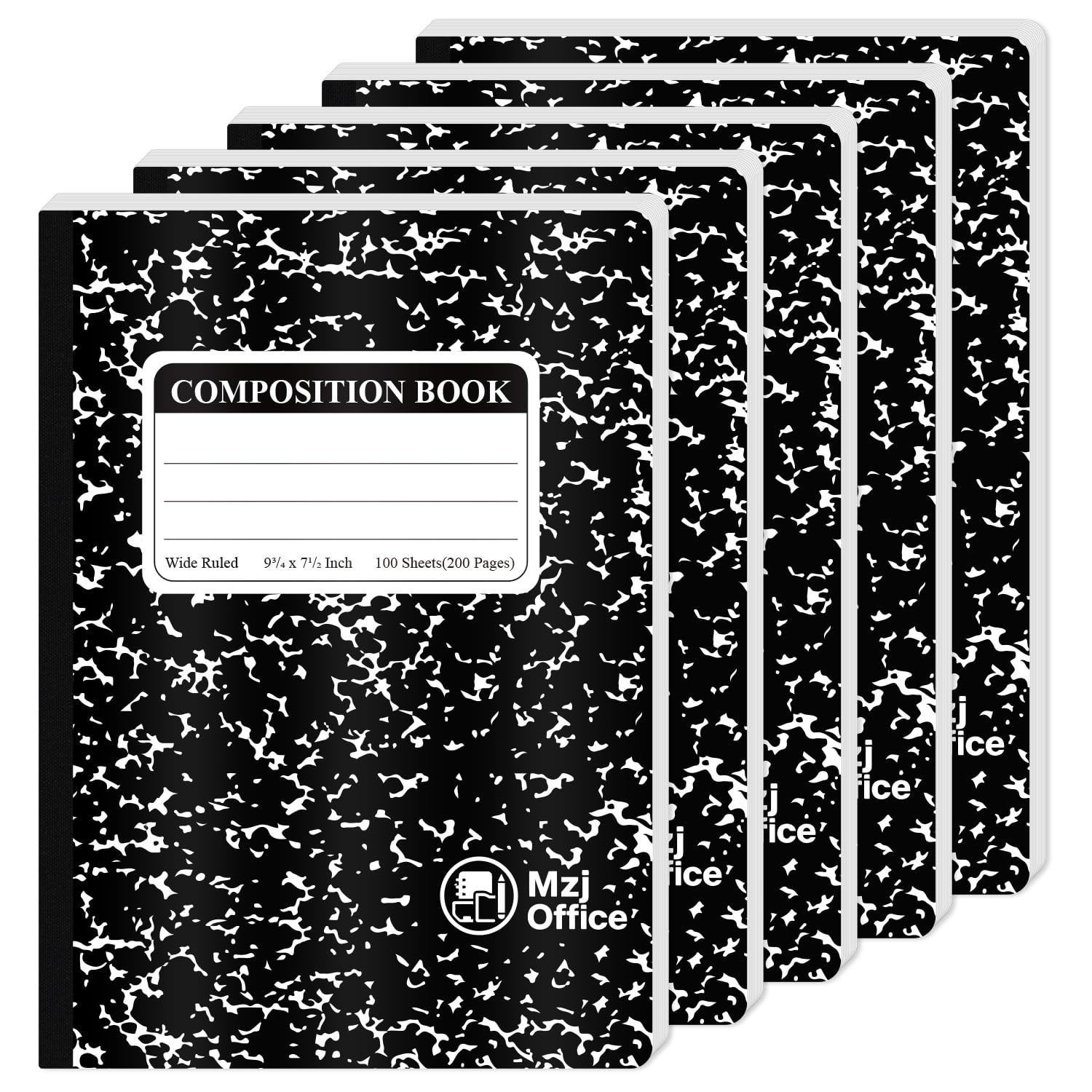 Mzj.Office Marble Composition Notebook, 5-Pack Bulk Black
