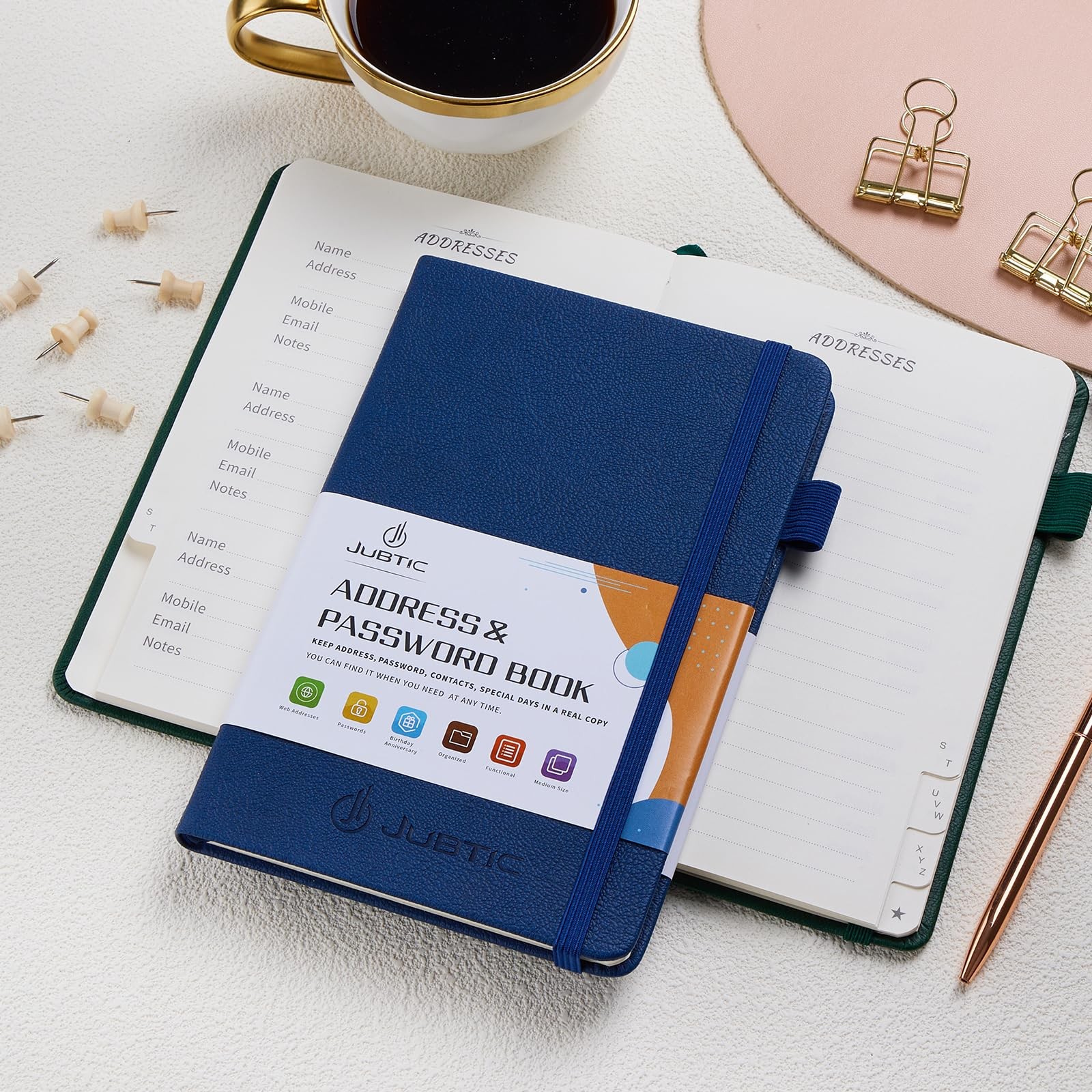 JUBTIC Address book with Alphabetical Tabs, Medium (5.2 x7.7 Inch), Navy Blue