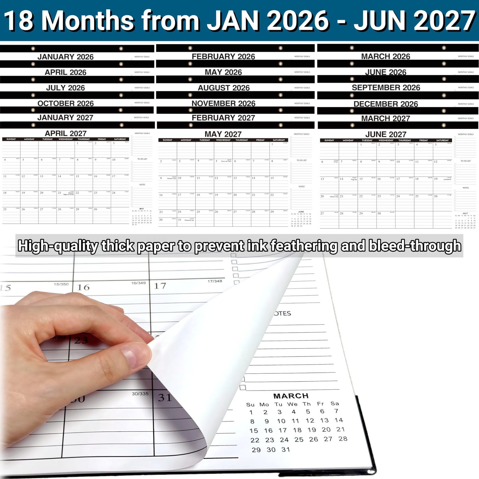 Desk Calendar 2026-2027 – 18-Month Large Black&White – Until June 2027