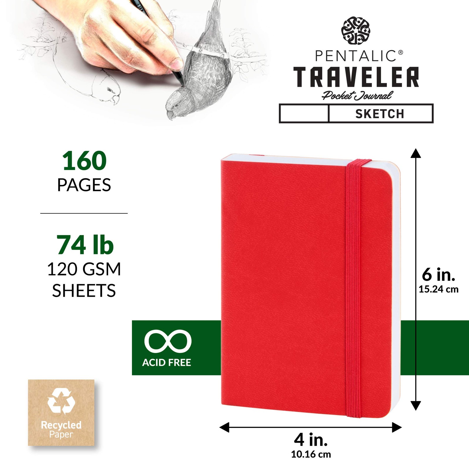 Pentalic 4″ x 6″ Pocket Sketchbook Traveler 4-inch x 6-inch, Red, Red
