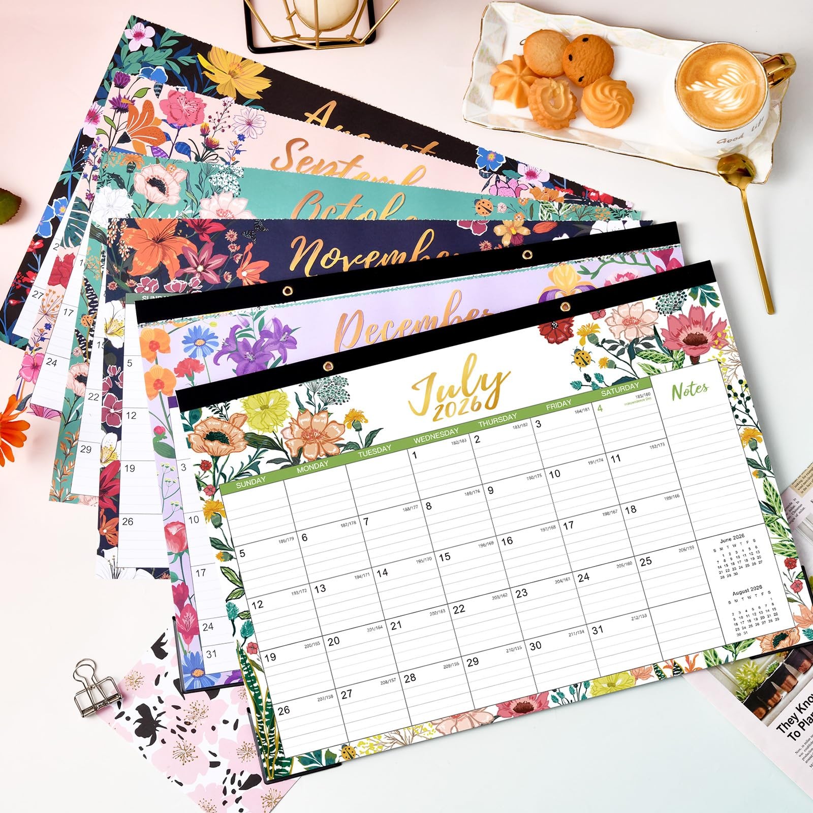 Desk Calendar 2026-2027 – Jul 2026 – Dec 17” x 12” – Flowers, Multicolor