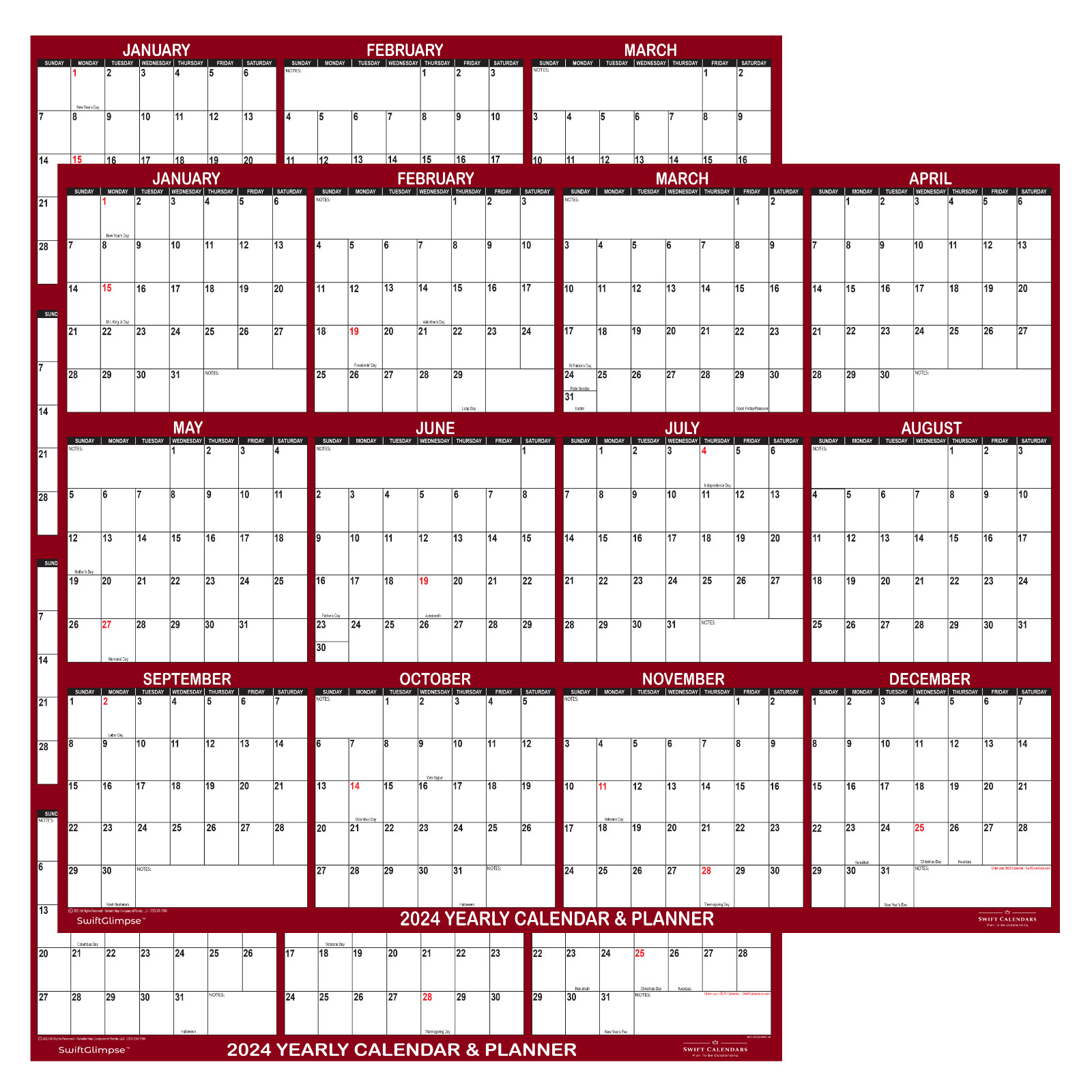 32″ x 48″ SwiftGlimpse 2024 Wall Calendar Erasable Yearly Wall Planner – Maroon