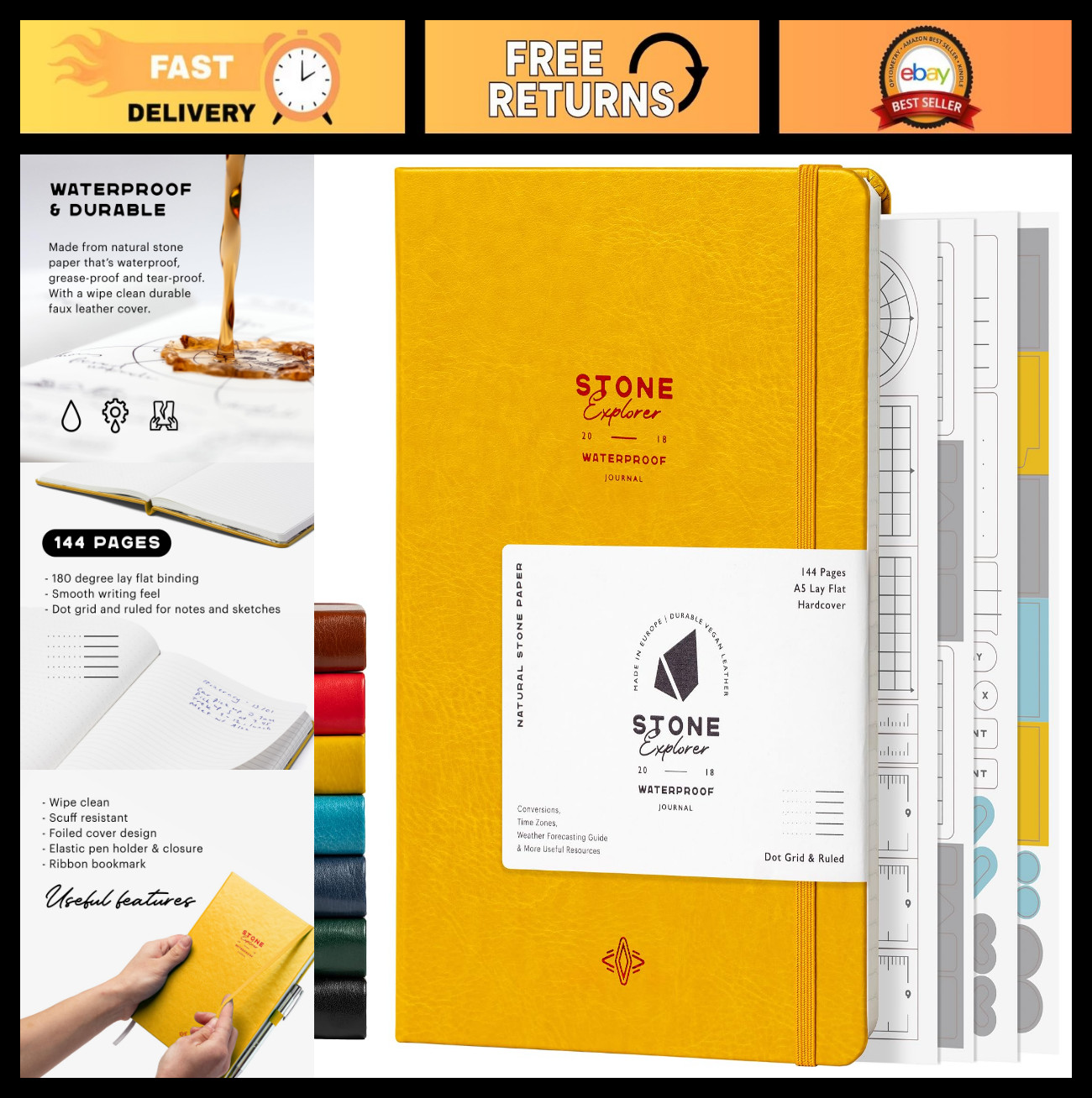 A5 Waterproof Field Journal – Vegan Leather, 144 Pages, Ruled & Dot Grid, Weathe