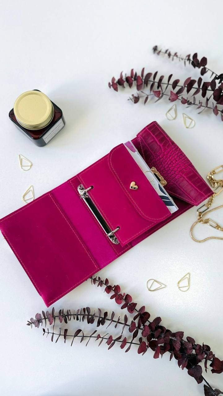 Pink leather notebook cover A7 binde rings mini wallet. Dated planner gift.