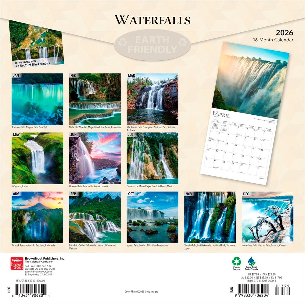 Waterfalls | 2026 12×24″ (Hanging) Monthly Square Wall Calendar | Plastic-Free