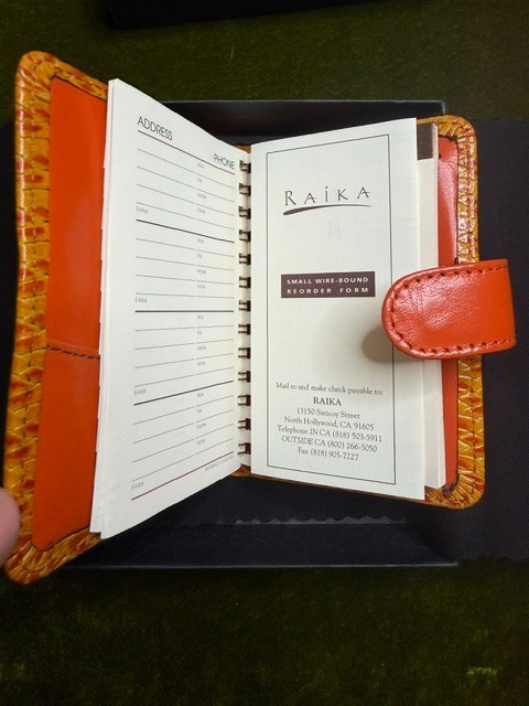 NIB Raika Leather Mini Agenda Pocket Address Book Orange Lizard Embossed Case US