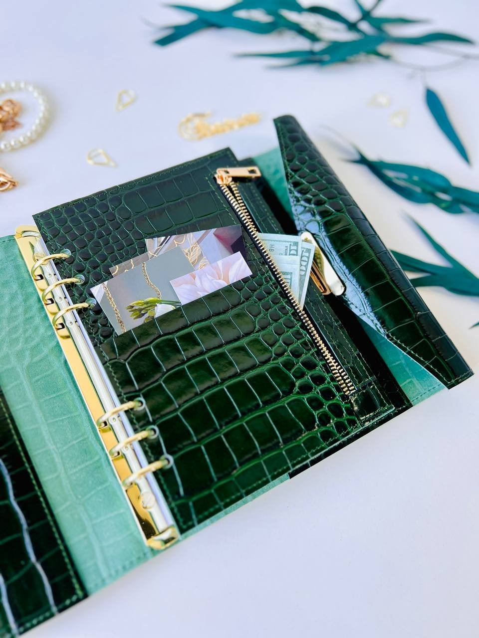 Green Genuine Leather Organizer – Croc Print notebook