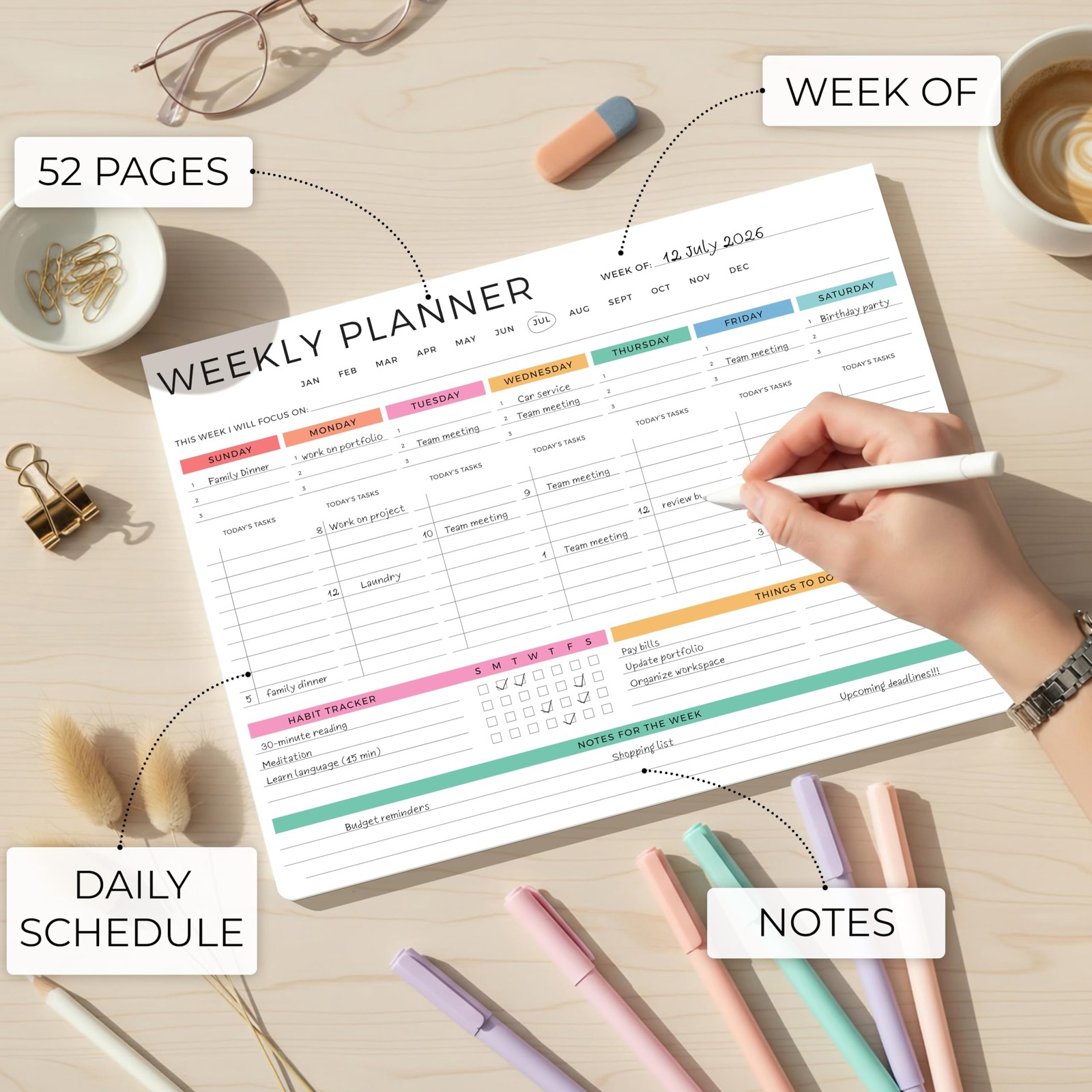 Colorful Weekly Planner Undated To Do List 52 Pages Productivity Pad