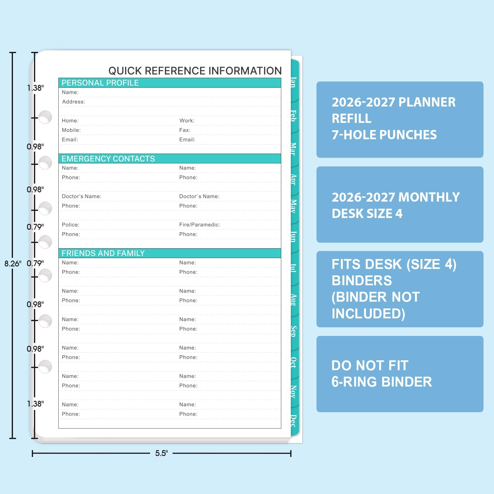 2026-2027 Monthly Planner Refill – Inserts 5-1/2″ x 8-1/2″, black
