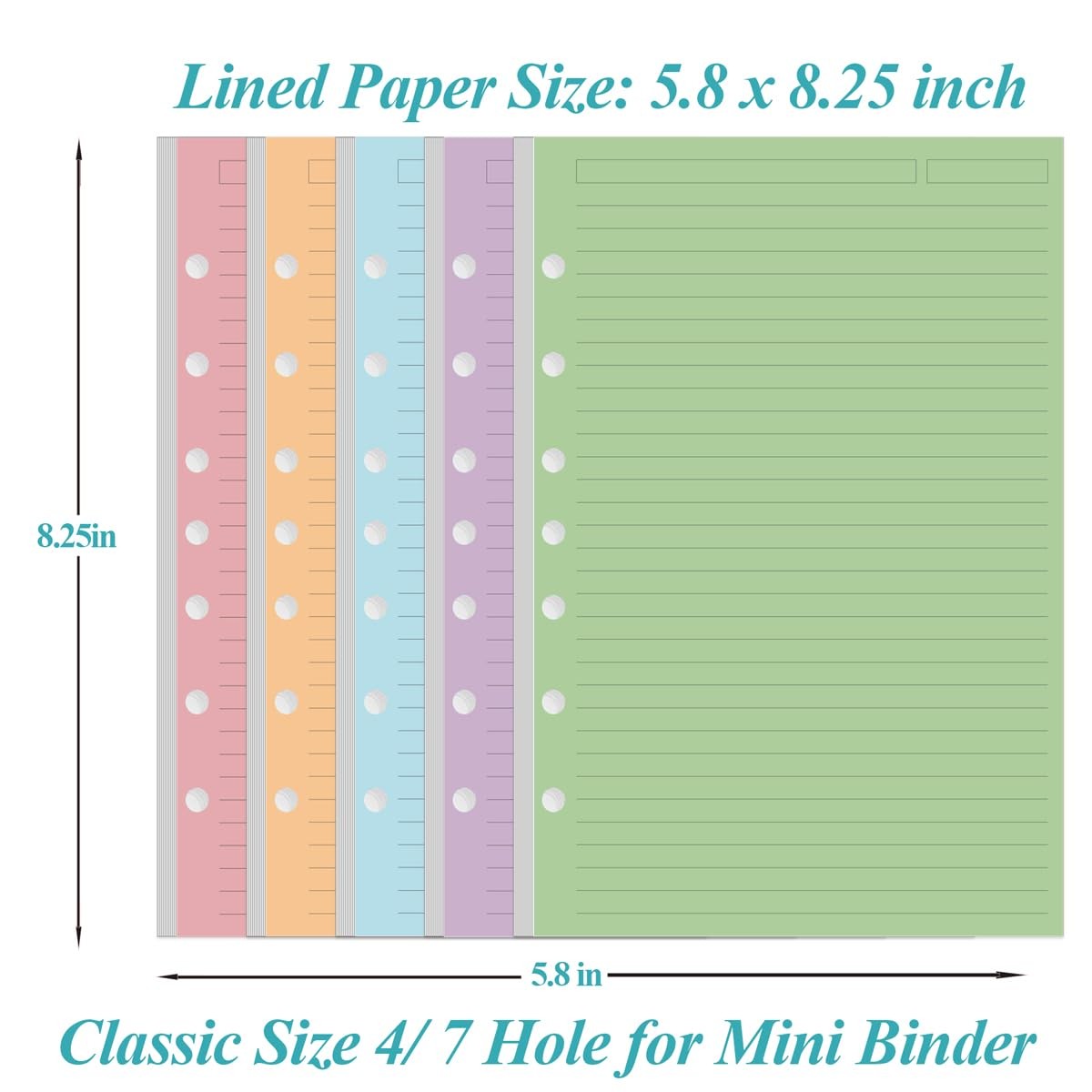 240 Sheet/480 Pages Colored Lined Paper Refill for A6 6-Ring Binder Notebook