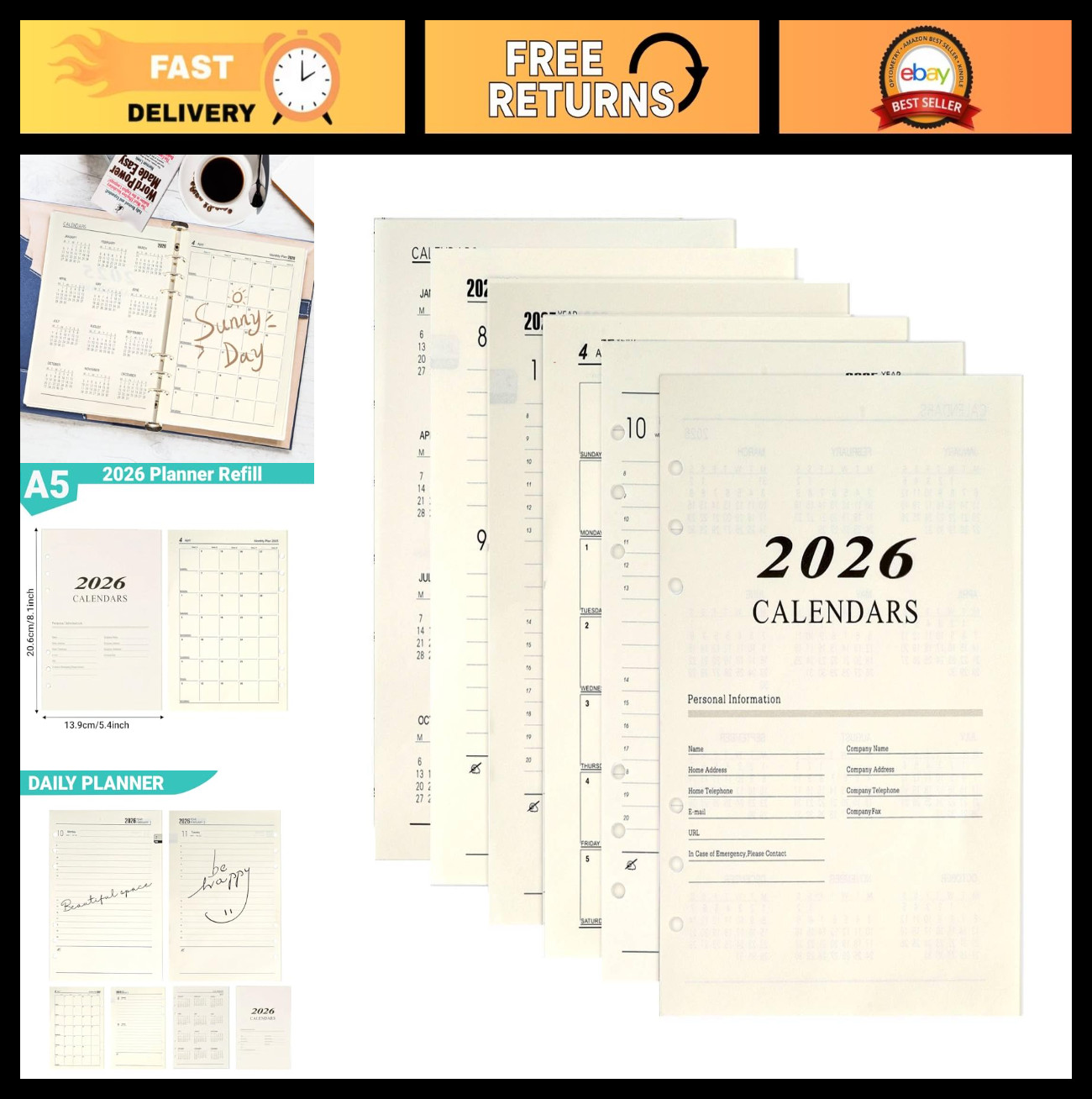 A5 2026 Weekly & Monthly Planner Refill, 176 Pages, 6-Hole Punched, Daily Calend