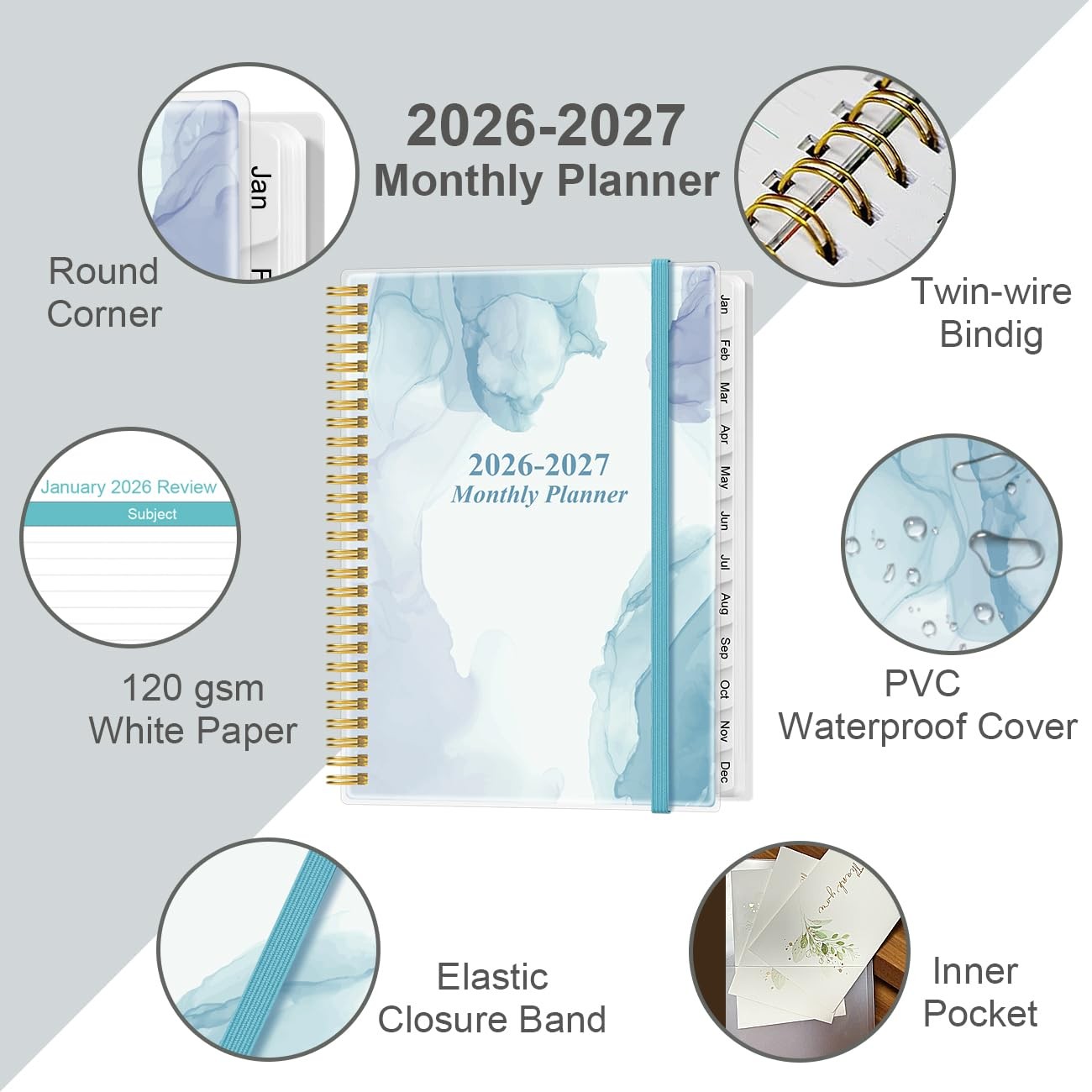 2026-2027 Monthly Planner – 18 Calendar, 9″ x 11″, Blue Watercolor
