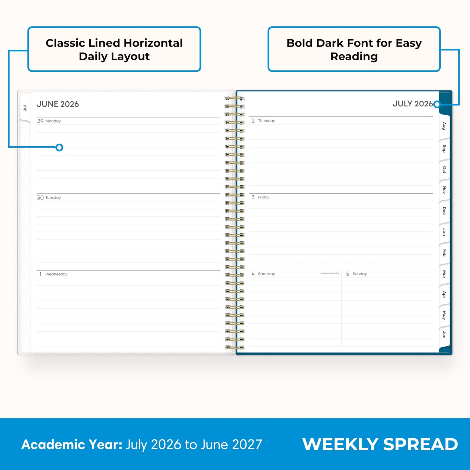 2026-2027 Weekly and Monthly Academic Year Planner Calendar, July 2026 – June…