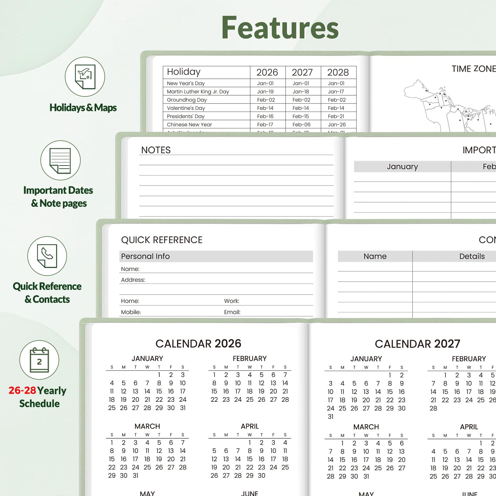 SUNEE 2026 Pocket Weekly Planner 3.5″x6″ Hardcover 12-Month Notes Sage Green