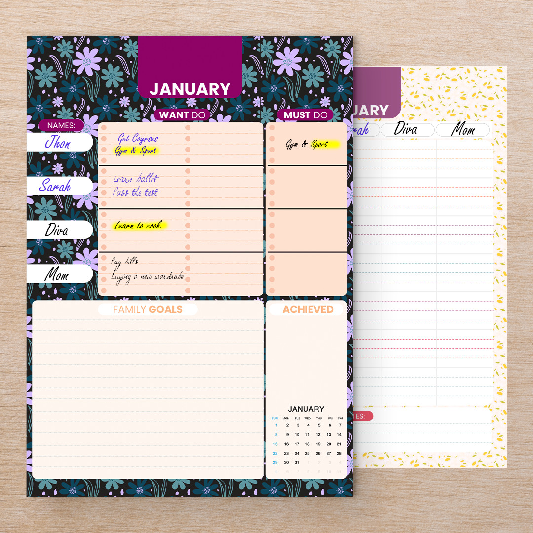 Family Planner 2023 – 4 columns, 12 months, Floral themes / Instant download.pdf