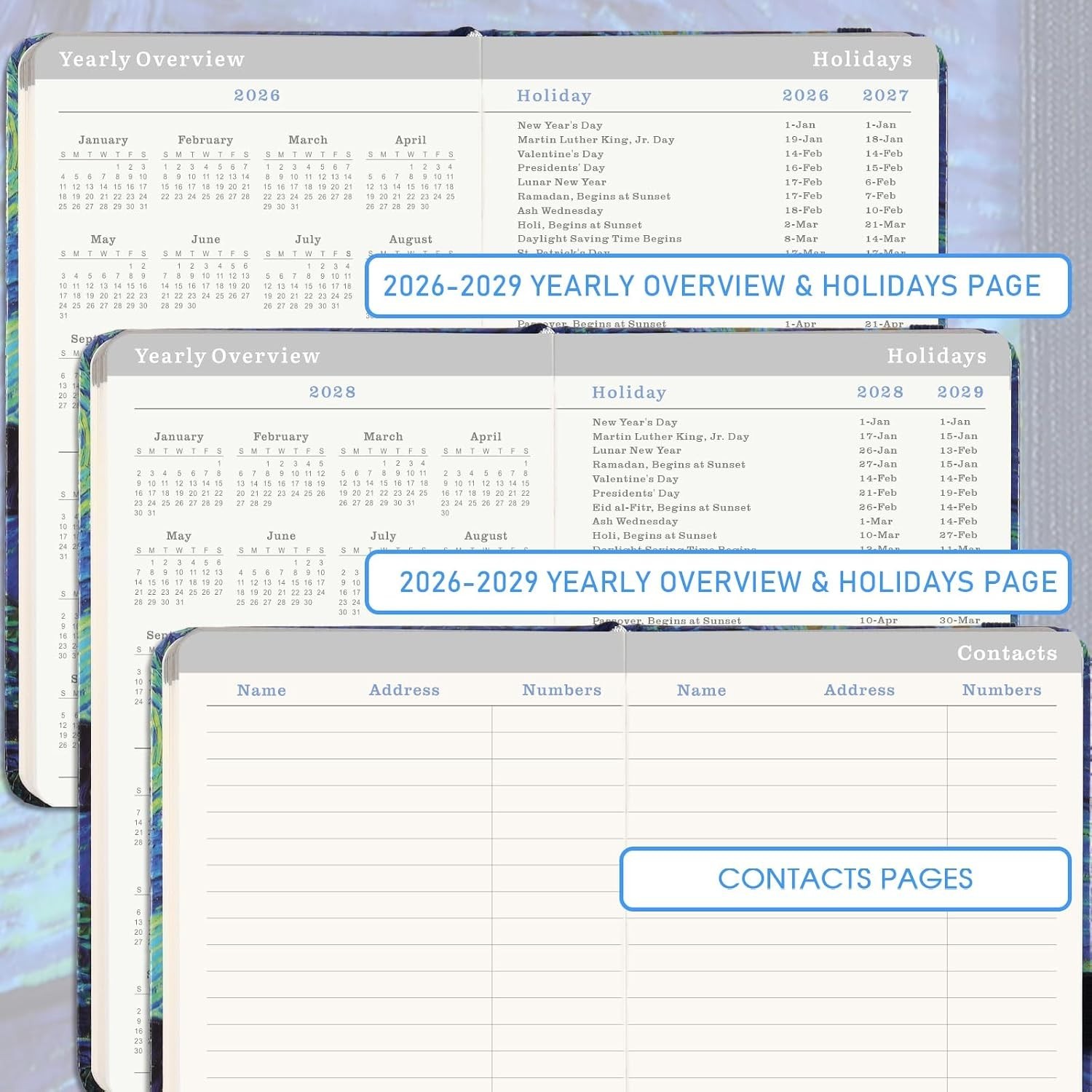 2026-2029 Pocket Planner: Elegant 3- Calendar with Note Pages & Pen Holder