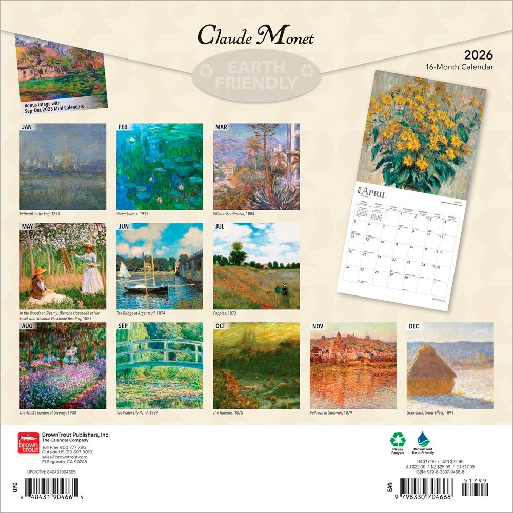 Claude Monet | 2026 12×24″ (Hanging) Monthly Square Wall Calendar | Plastic-Free
