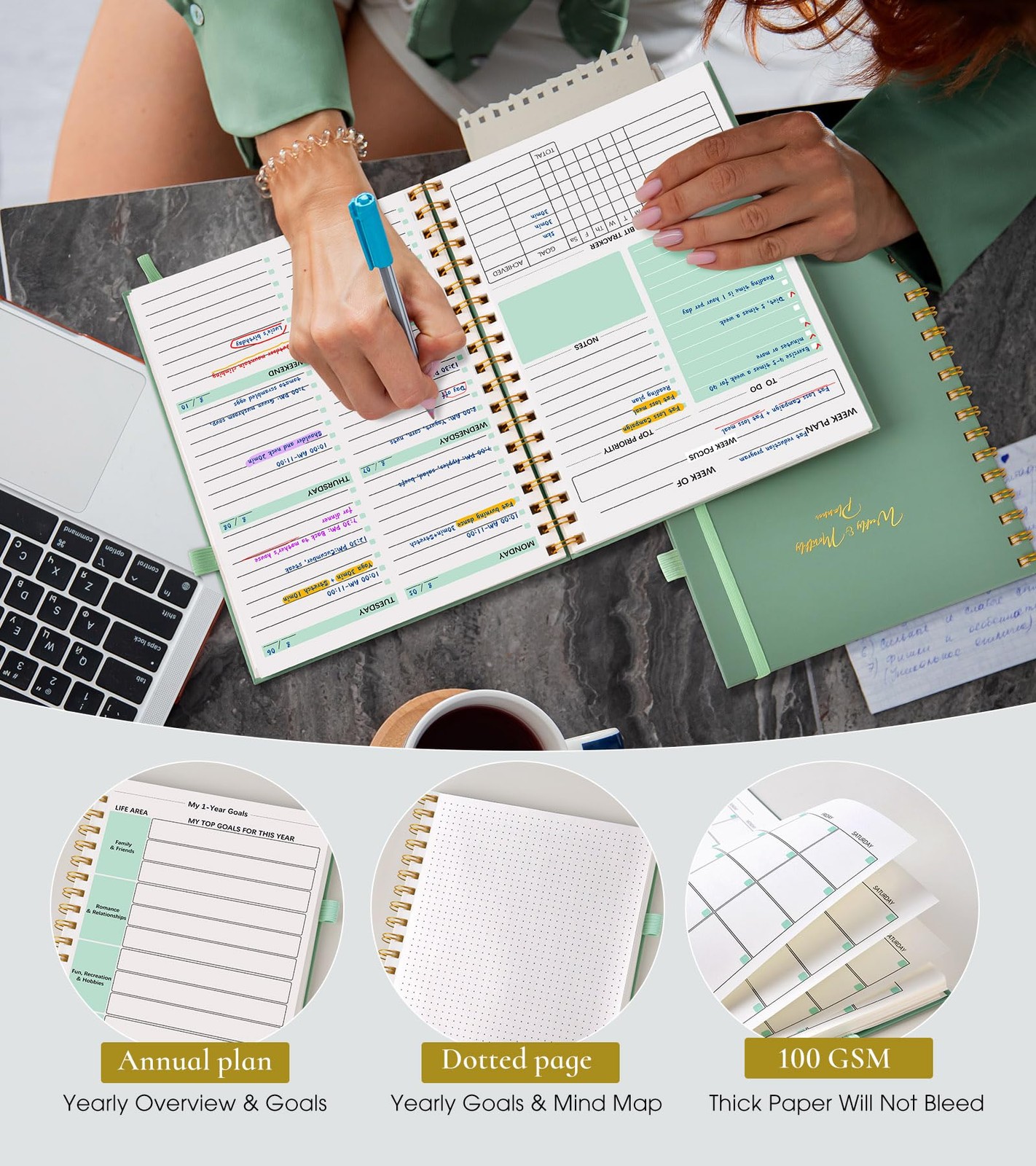 Undated Weekly and Monthly Planner, B5 Large To Do List B5, Green