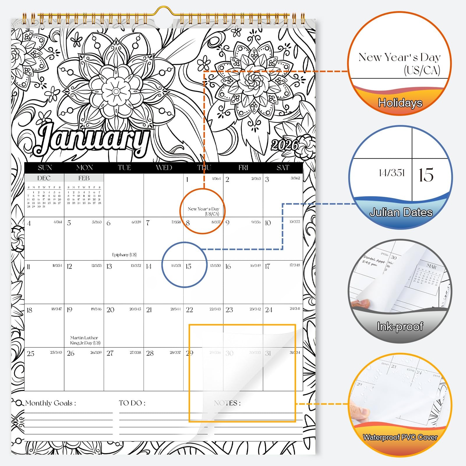 Ospelelf Wall Calendar 2026 – 2027 12” x 17”, Floral(Jan.2026 – Jun.2027)