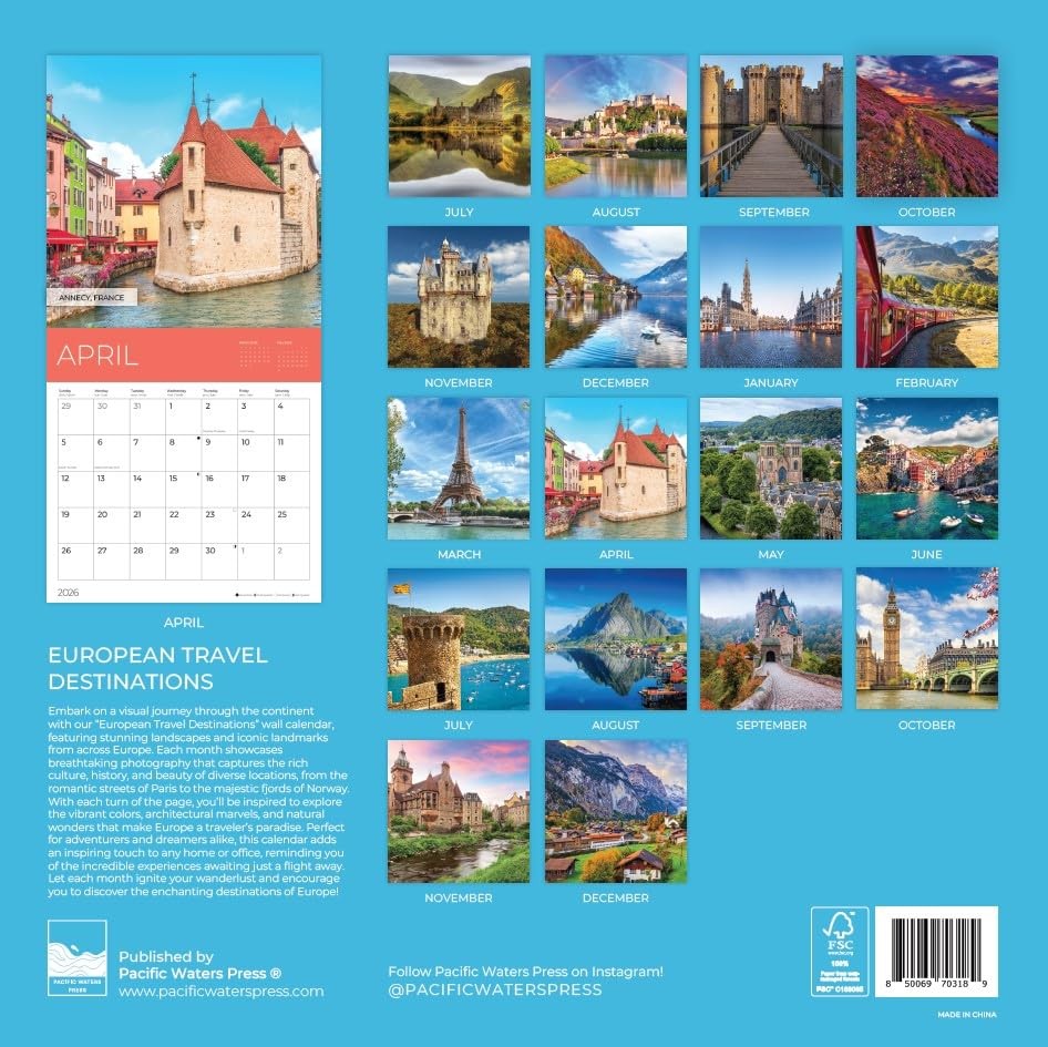 2026 Europe Wall Calendar | Destination 12 x 12, European Destinations