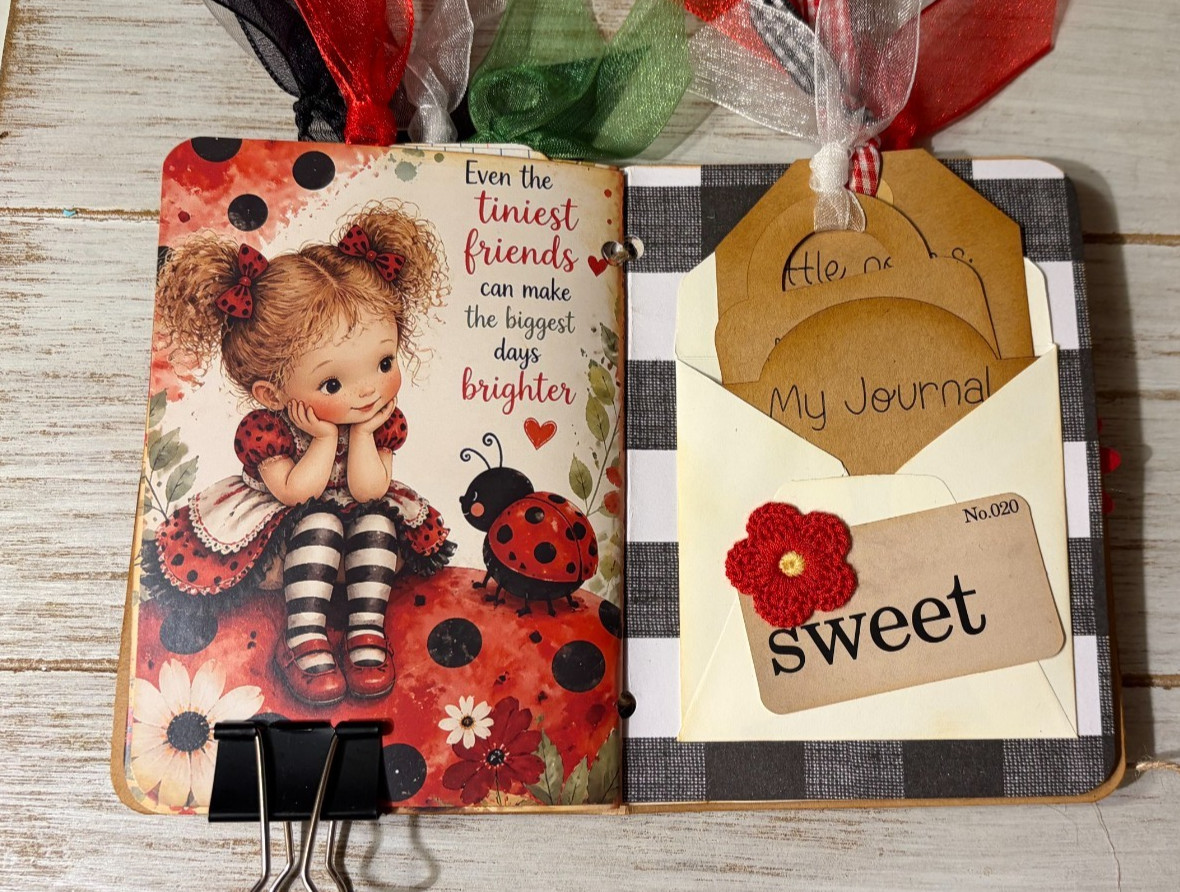 Junk Journal Handmade Booklet Book Vintage Storybook Ladybugs Pockets Ephemera