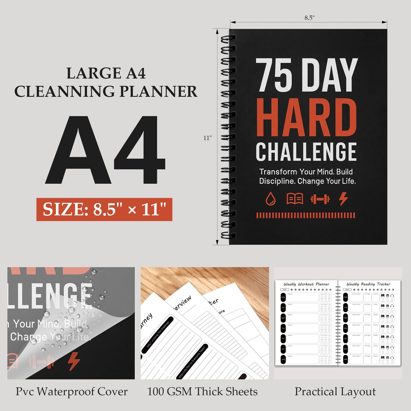 75 Day Hard Challenge Journal for Men or Women with PVC Cover – 75 Hard Challeng