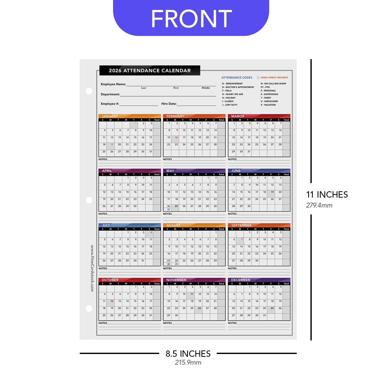 2026 Attendance Calendar Cardstock, Employee Work Tracker, 8.5 x 11, 25 Qty