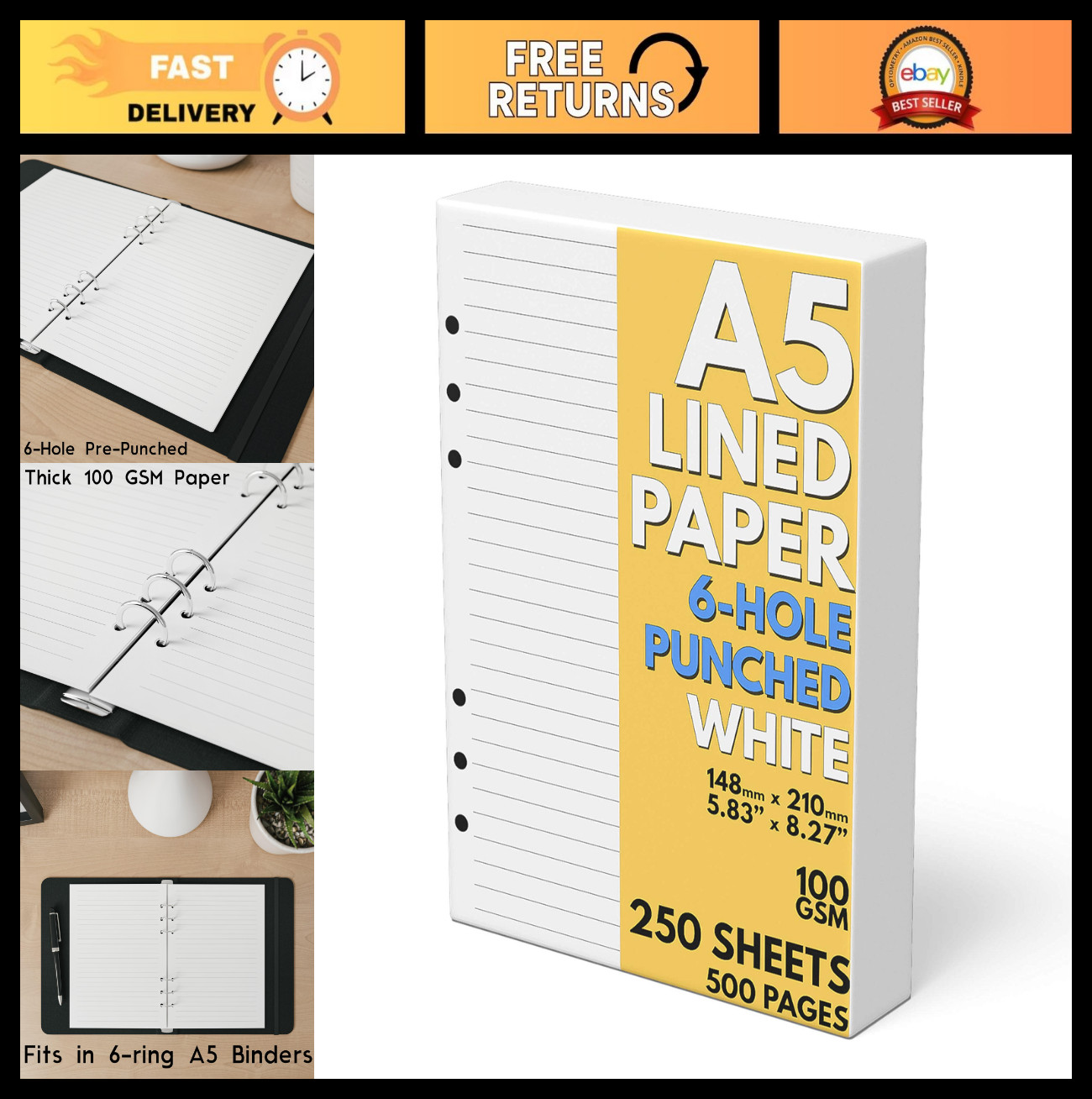 A5 Lined Paper Refill 250 Sheets, 100 GSM, 6-Hole Punched Binder Inserts