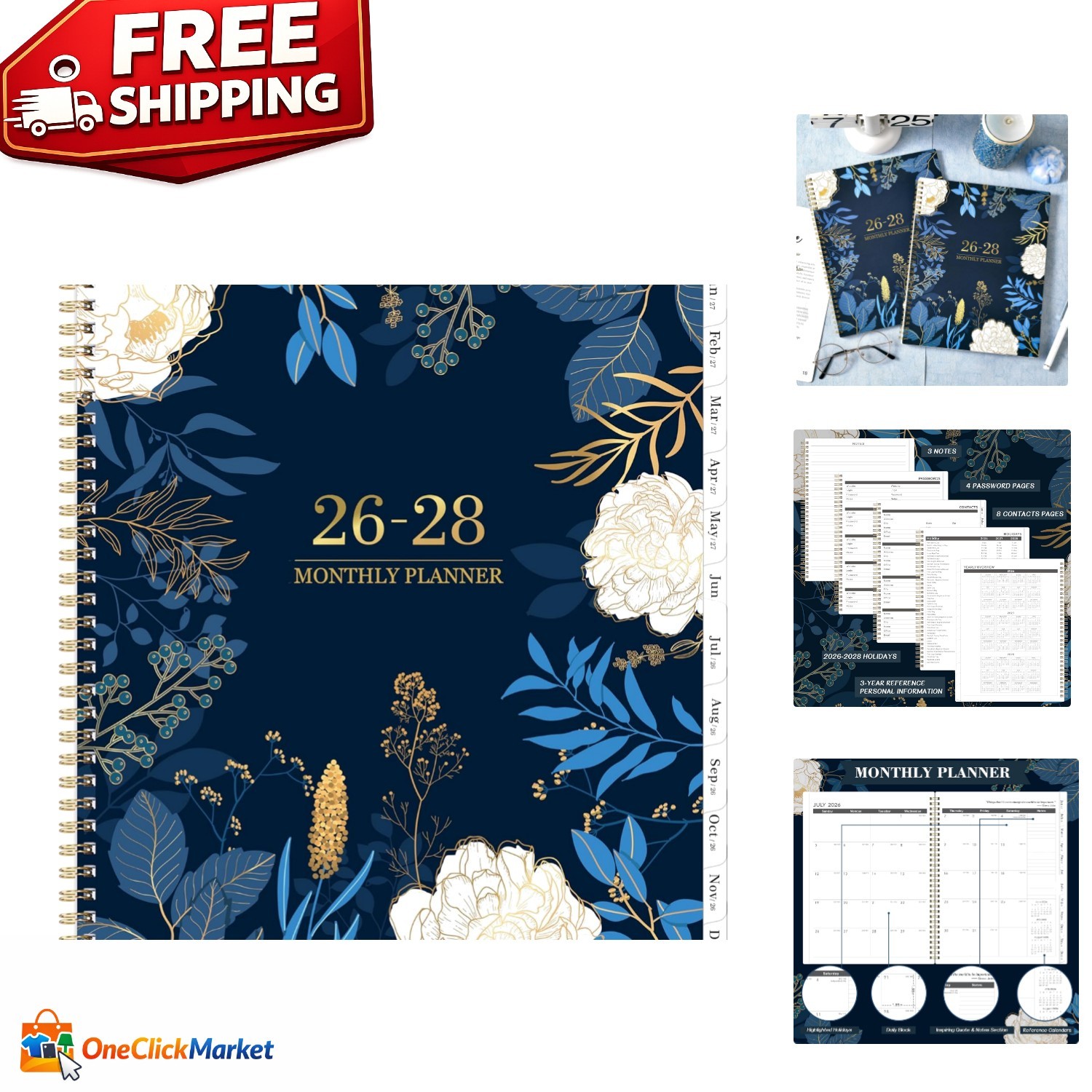 2026-2028 Monthly Planner: 11″ x 9″ Academic Calendar with Tabs & Back Pocket